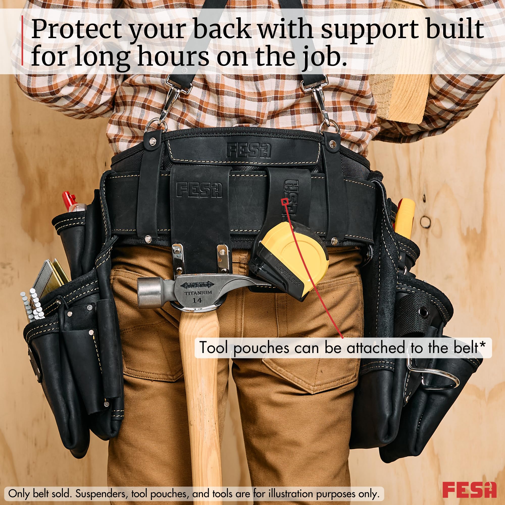 FESA Men's Padded Tool Belt with Leather Back Support - Breathable Nylon Padding Work Belt for Electricians & Construction Workers (35