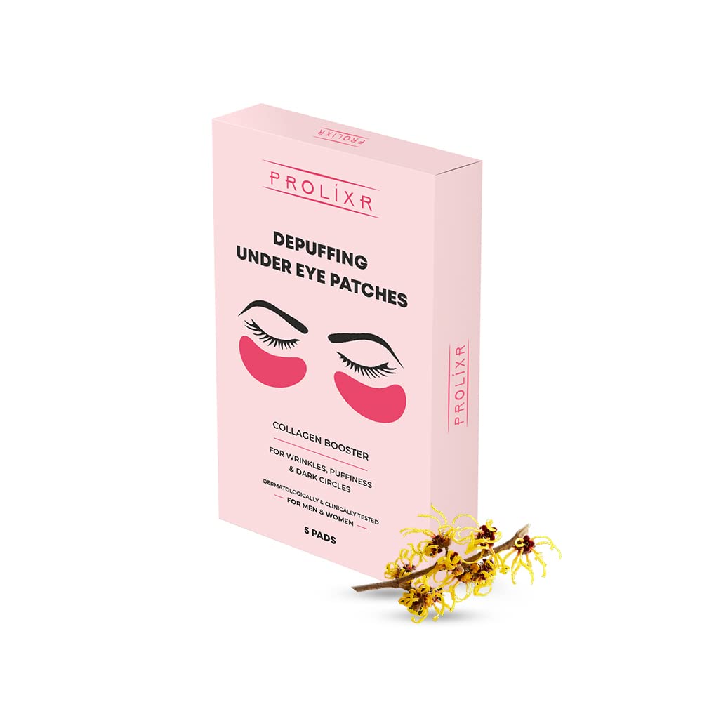 Prolixr Depuffing Under Eye Patches for Dark Circles, Puffiness & Inflammation - 5 Pairs with Aloe Vera, Witch Hazel, Carrot & Almond Extract - Hydrating Collagen Eye Mask for Women & Men - Perfect for Morning Routine, Travel & Post-Party Recovery