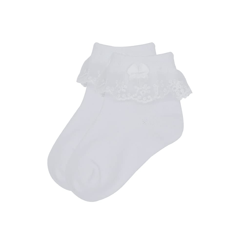 Girls Ruffle School Socks - White Cotton Ankle Socks with Frilly Lace Trim & Bows for Kids Ages 3-16 | Comfortable Everyday Wear for School, Play & Dress Up