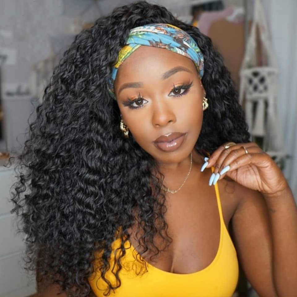 Superfect Headband Wig - Curly Human Hair Deep Wave Machine Made Wig for Black Women | 150% Density, 22 Inch, Natural Color | Perfect for Daily Wear, Parties & Protective Styling