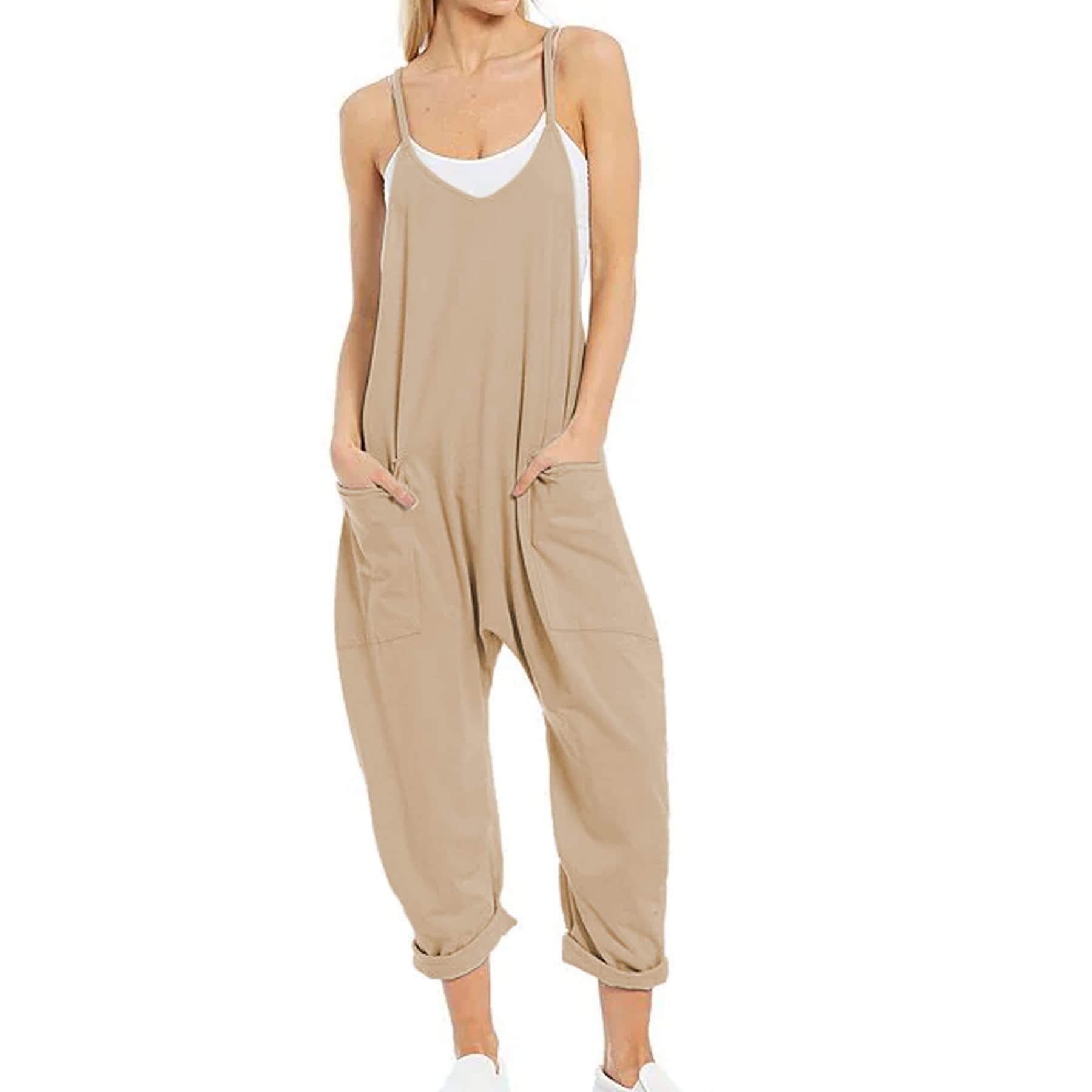 Ainangua Women's Sleeveless Jumpsuit with Adjustable Straps & Pockets - Stylish Casual Romper for Summer Outings, Beach Vacations and Everyday Wear