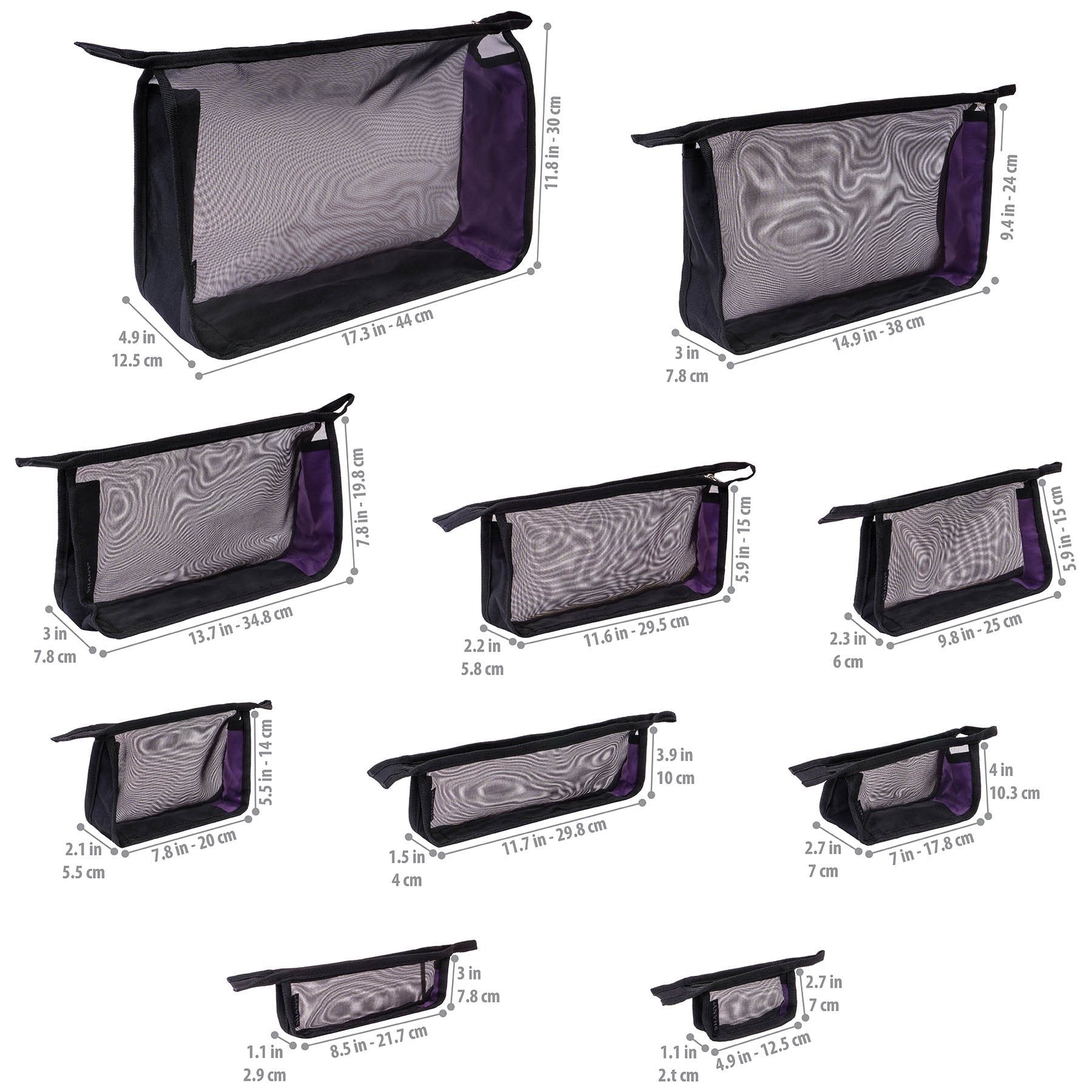 Black Mesh Travel Organizer Bag Set - 10 Piece Waterproof Luggage Organizers for Suitcases, Toiletry & Jewelry | Perfect for Business Trips, Vacations & Weekend Getaways