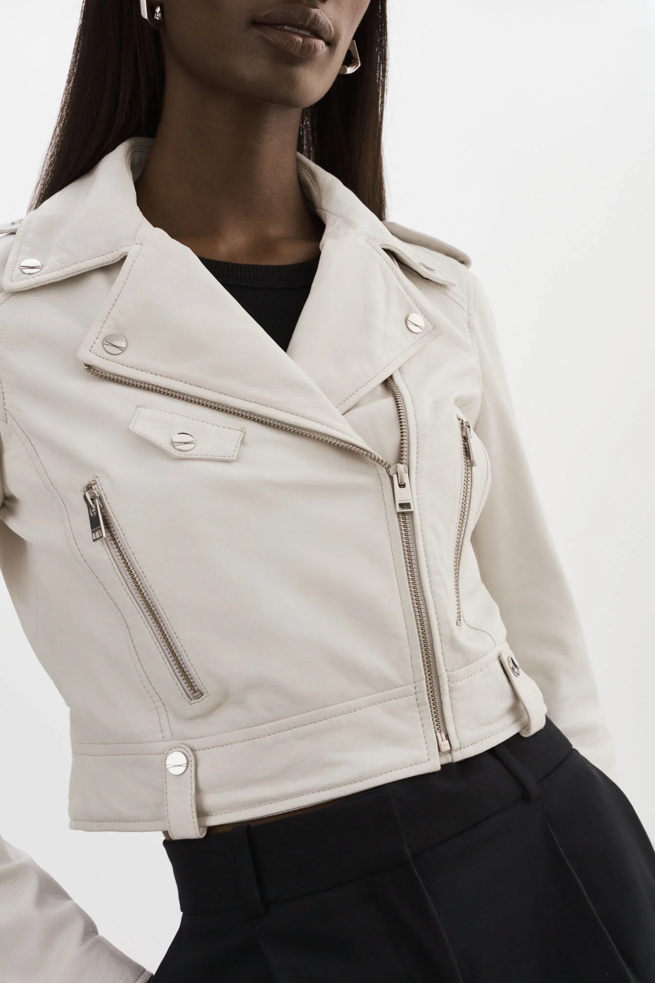 Ciara Faux Leather Crop Moto Jacket for Women - Stylish White Biker Jacket - Perfect for Motorcycle Riding, Night Out & Fall Fashion