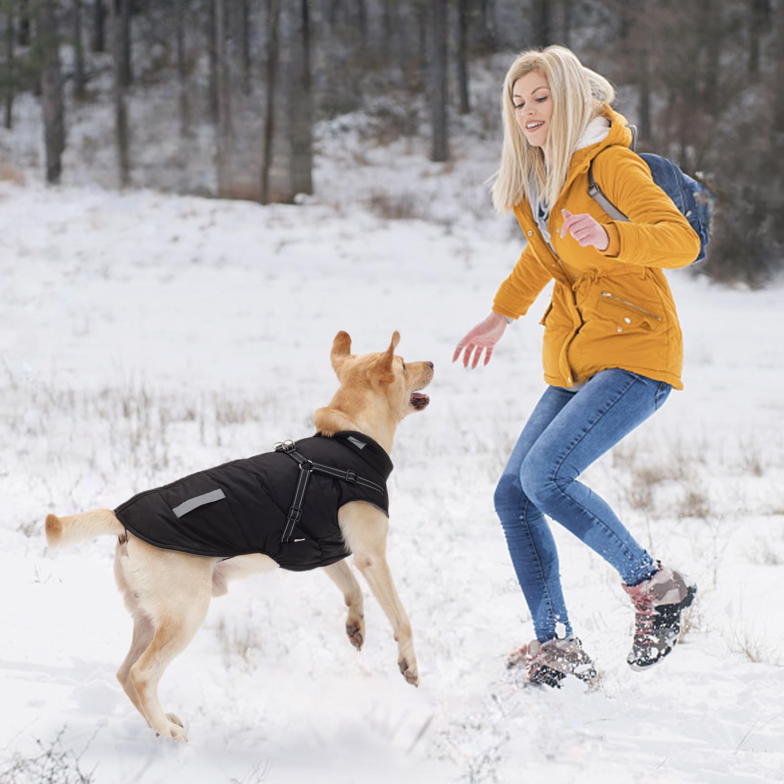 Warm Dog Jacket with Built-in Harness - Fleece Winter Coat for Small Medium Large Dogs | Waterproof Reflective Vest for Cold Weather | Navy Blue | Perfect for Outdoor Walks & Winter Adventures