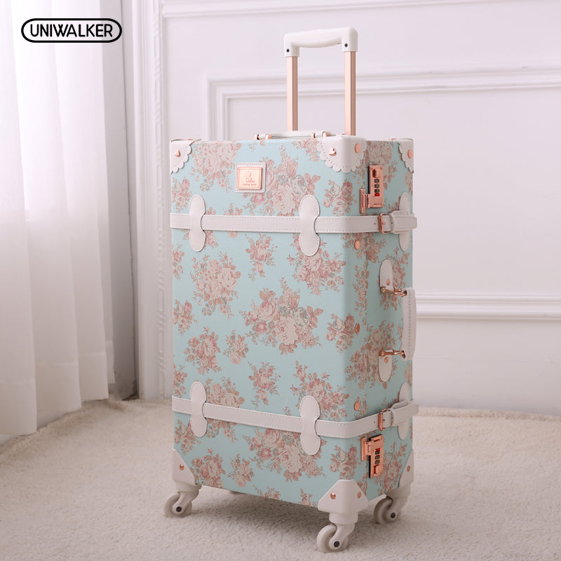 Vintage Blue Floral Travel Trolley Suitcase for Girls & Women - 13/20/22/24/26 Inch Retro Luggage for School, Vacation & Airplane Carry-On