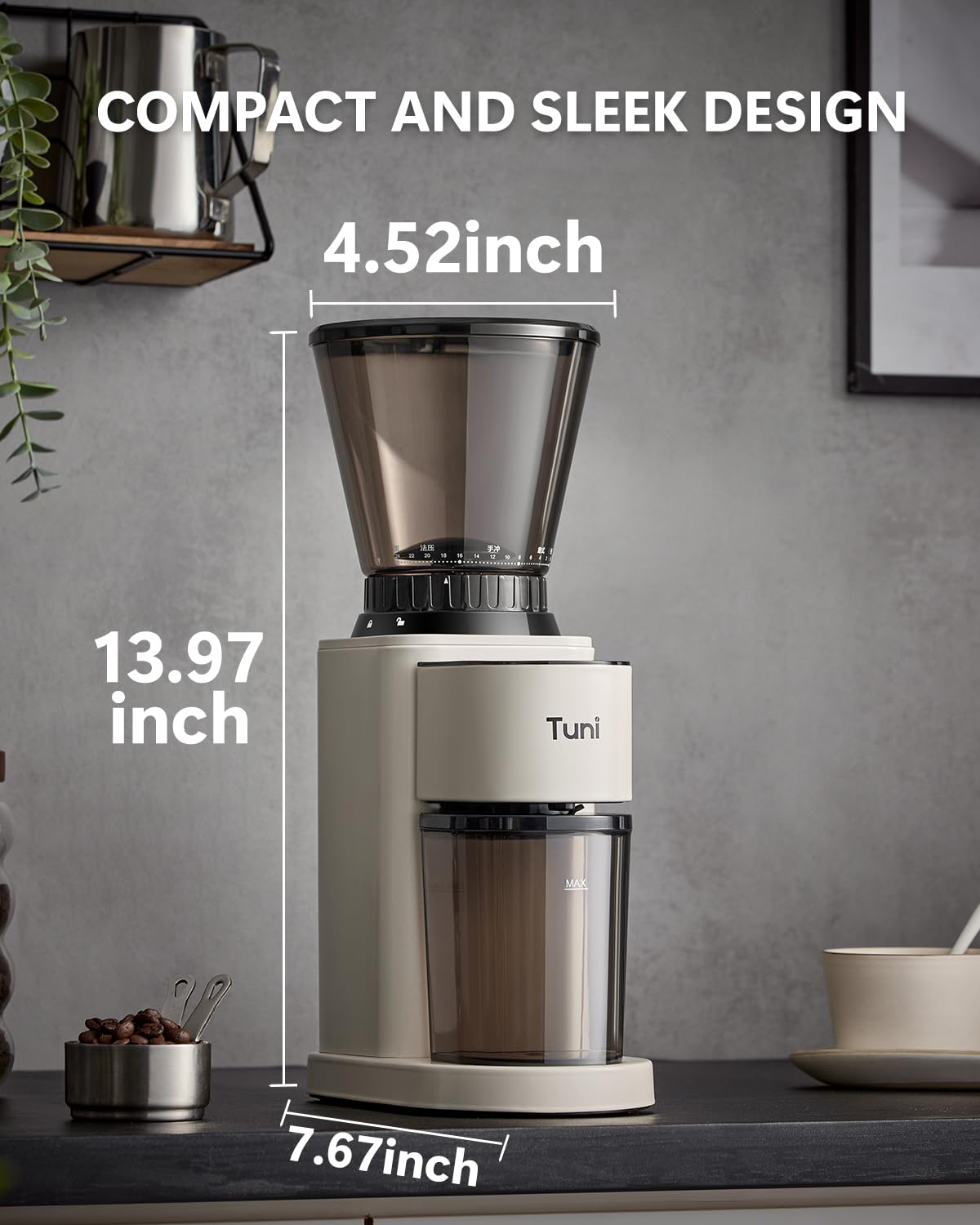 Premium Tuni Burr Coffee Grinder - Electric Touchscreen Grinder with 24 Precise Grind Settings & Digital Timer - Perfect for Espresso, French Press, Drip Coffee - Ideal for Home Baristas & Coffee Enthusiasts - Sleek White Design