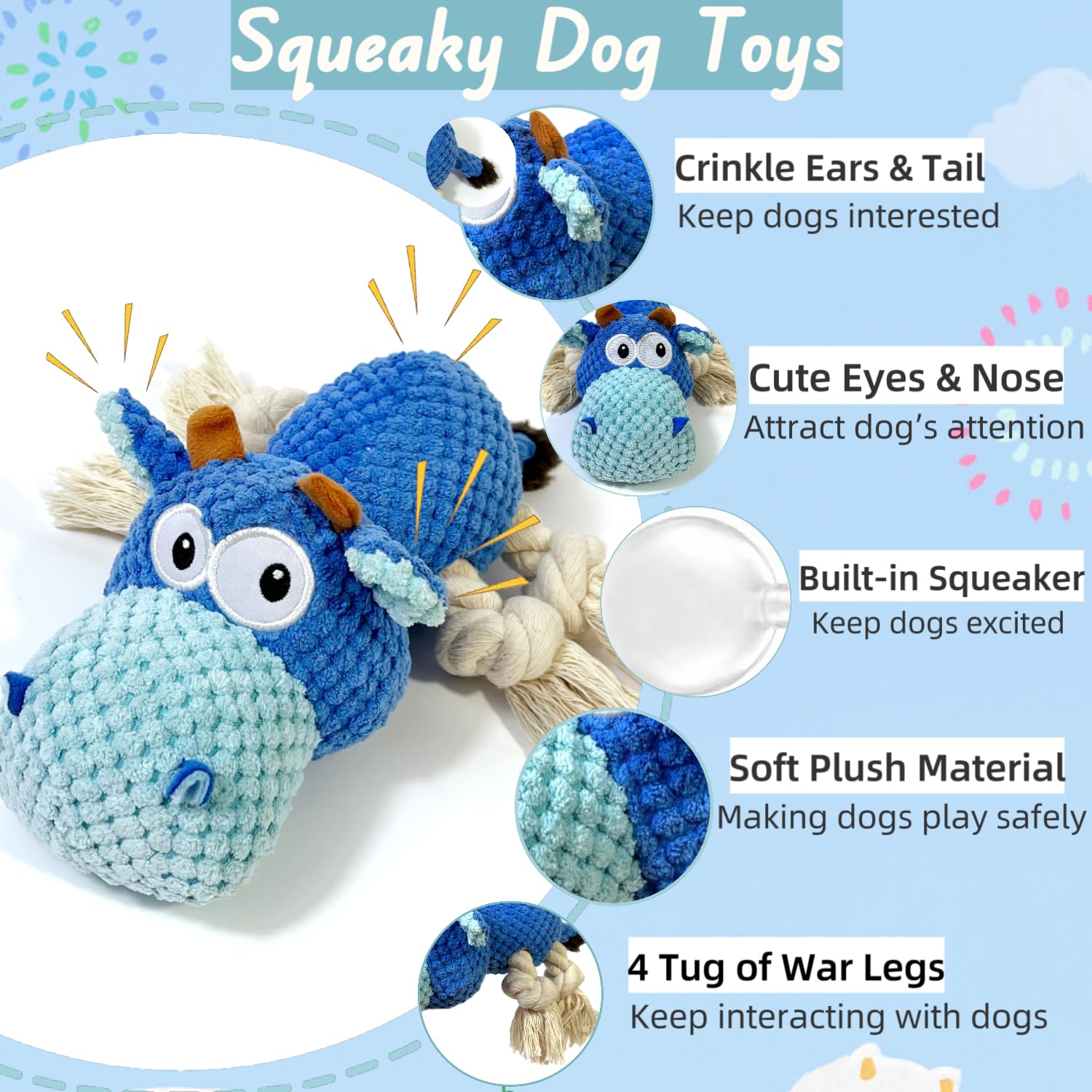 Durable Dog Toys for Aggressive Chewers - Squeaky Crinkle Plush Chew Toys for Small & Medium Dogs | Interactive Tug of War & Teething Relief Toys | Perfect for Playtime, Training & Anxiety Relief