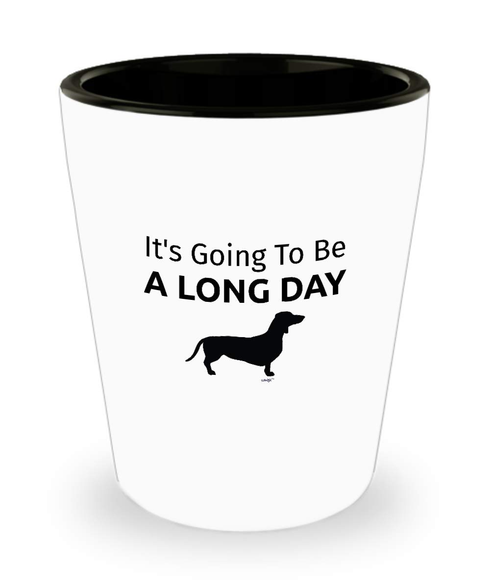 Whizk Dachshund Shot Glass - Funny Wiener Dog Lover Gift for Men & Women - Perfect Birthday & Christmas Present for Dad, Mom & Parents - 'It's Going To Be A Long Day' Design - Great for Parties, Bar Decor & Dog Lover Collectibles