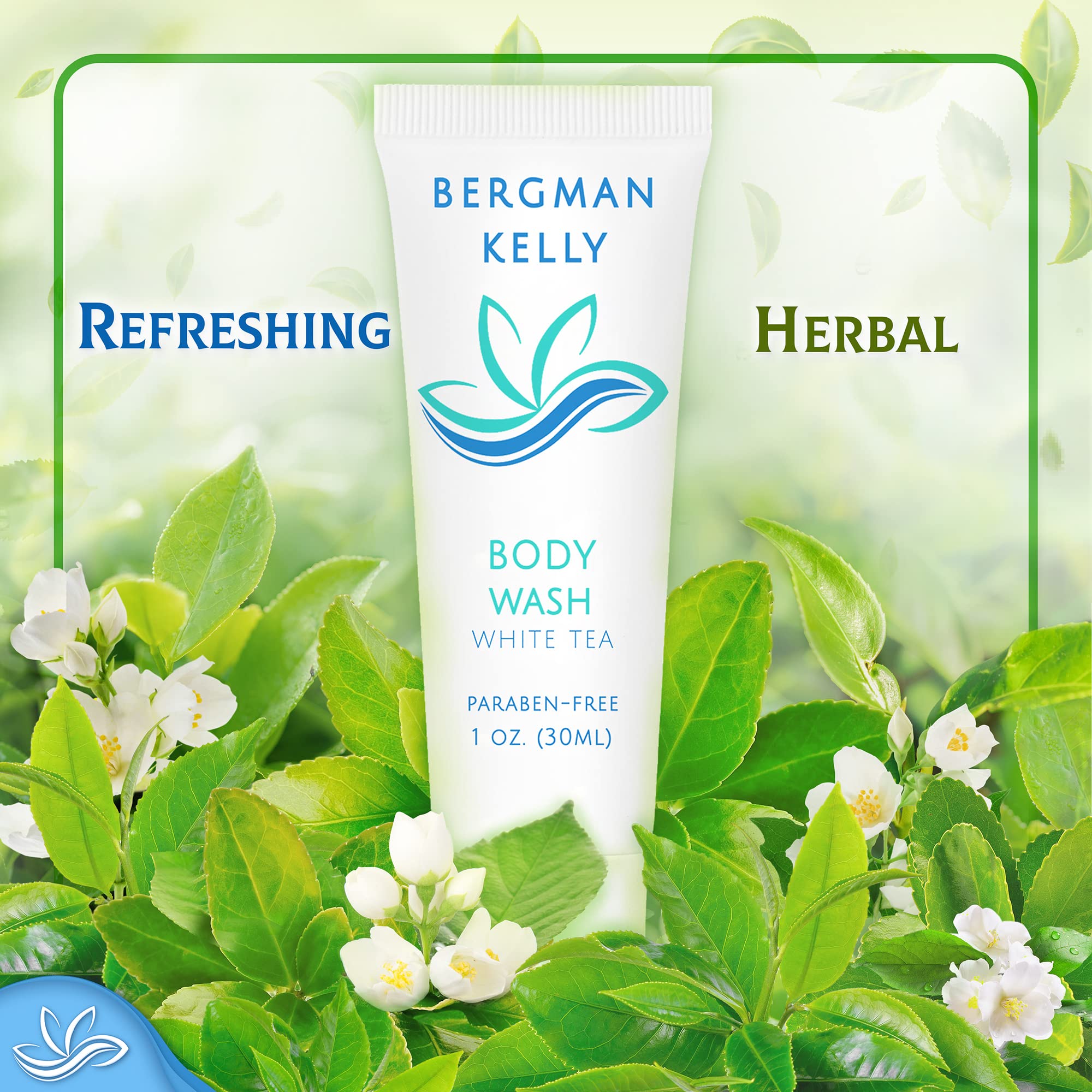 BERGMAN KELLY Travel Size Body Wash - 1 fl oz (100 Pack) - White Tea Scent - Premium Mini Hotel Toiletries for Guests - Bulk Bath Essentials for Hotels, Spas, Travel & Home Use