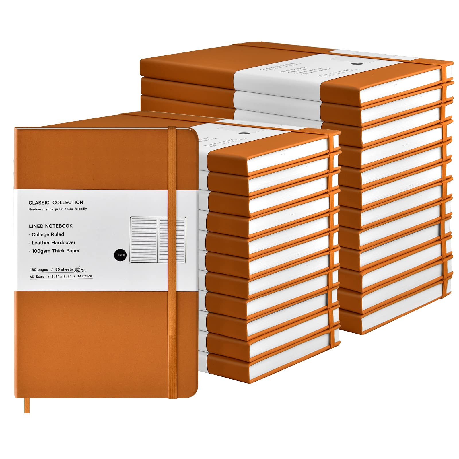 Coopay 24 Pack A5 Lined Hardcover Leather Journals - 160 Pages, 100GSM Thick Paper, 8.3 x 5.5 Inch Bulk Notebooks for Writing, Office, School & Business - Perfect Work Notebooks for Men & Women (Brown) - Ideal for Journaling, Note Taking & Gift Giving