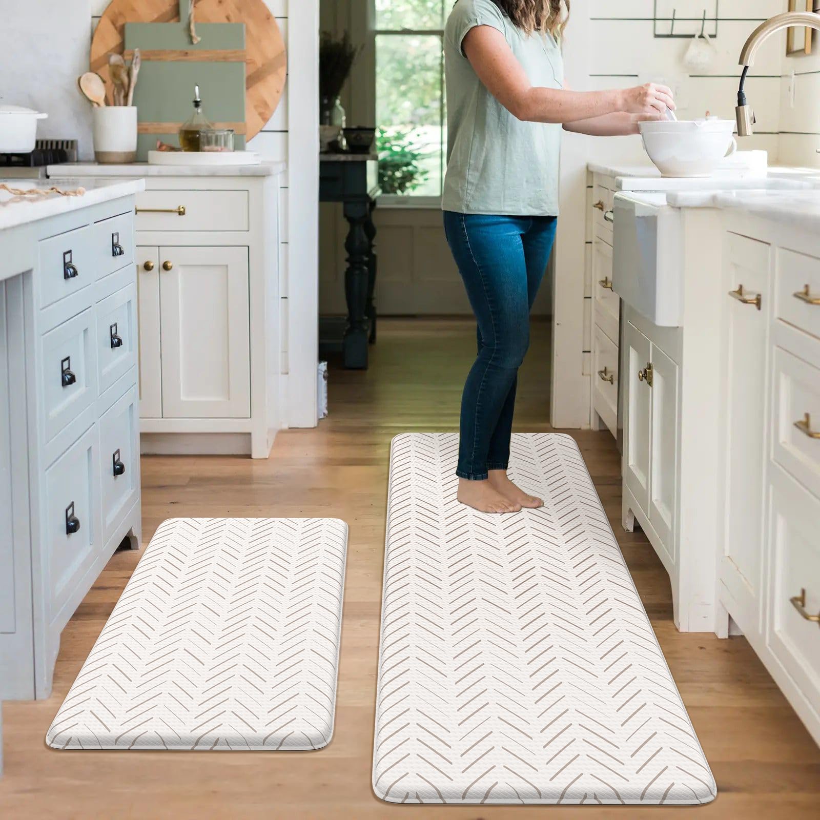 KIMODE Anti-Fatigue Kitchen Mats Set of 2 - Non-Slip Cushioned Floor Mats for Standing Desk, Office & Laundry Room - Waterproof Comfort Foam Rug in Light Brown/Beige - Perfect for Sink Areas, Cooking & Workstations