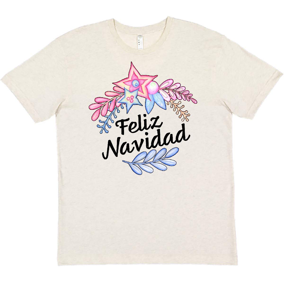Inktastic Feliz Navidad Pink and Blue Flowers T-Shirt - Christmas Holiday Floral Graphic Tee for Women & Men - Perfect for Xmas Parties, Gifts & Festive Celebrations