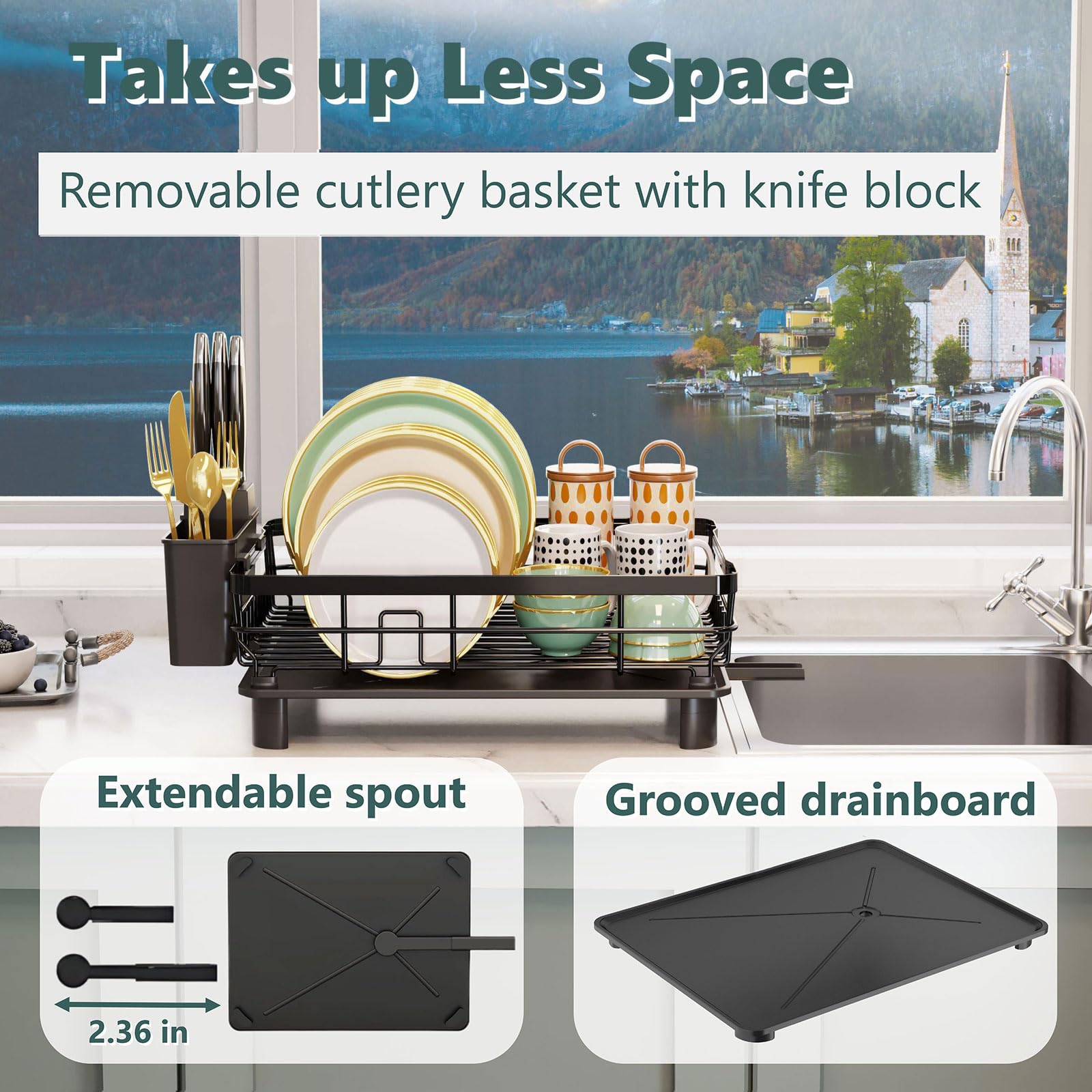 Stainless Steel Dish Drying Rack with Drainboard - Expandable Kitchen Counter Organizer with Utensil Holder & Knife Slots - Perfect for Small Spaces, Apartments, and RV Kitchens - Black