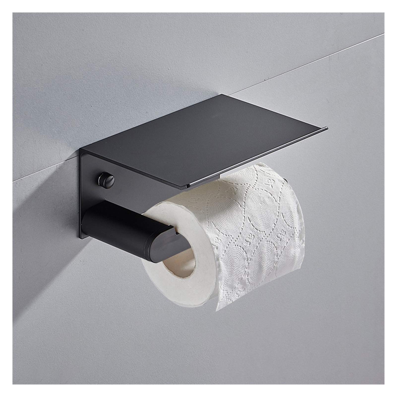 Wall Mounted Toilet Paper Holder with Shelf - Decorative Bathroom Organizer for Paper Towels & Mobile Phone - Black - Perfect for Small Bathrooms & Powder Rooms