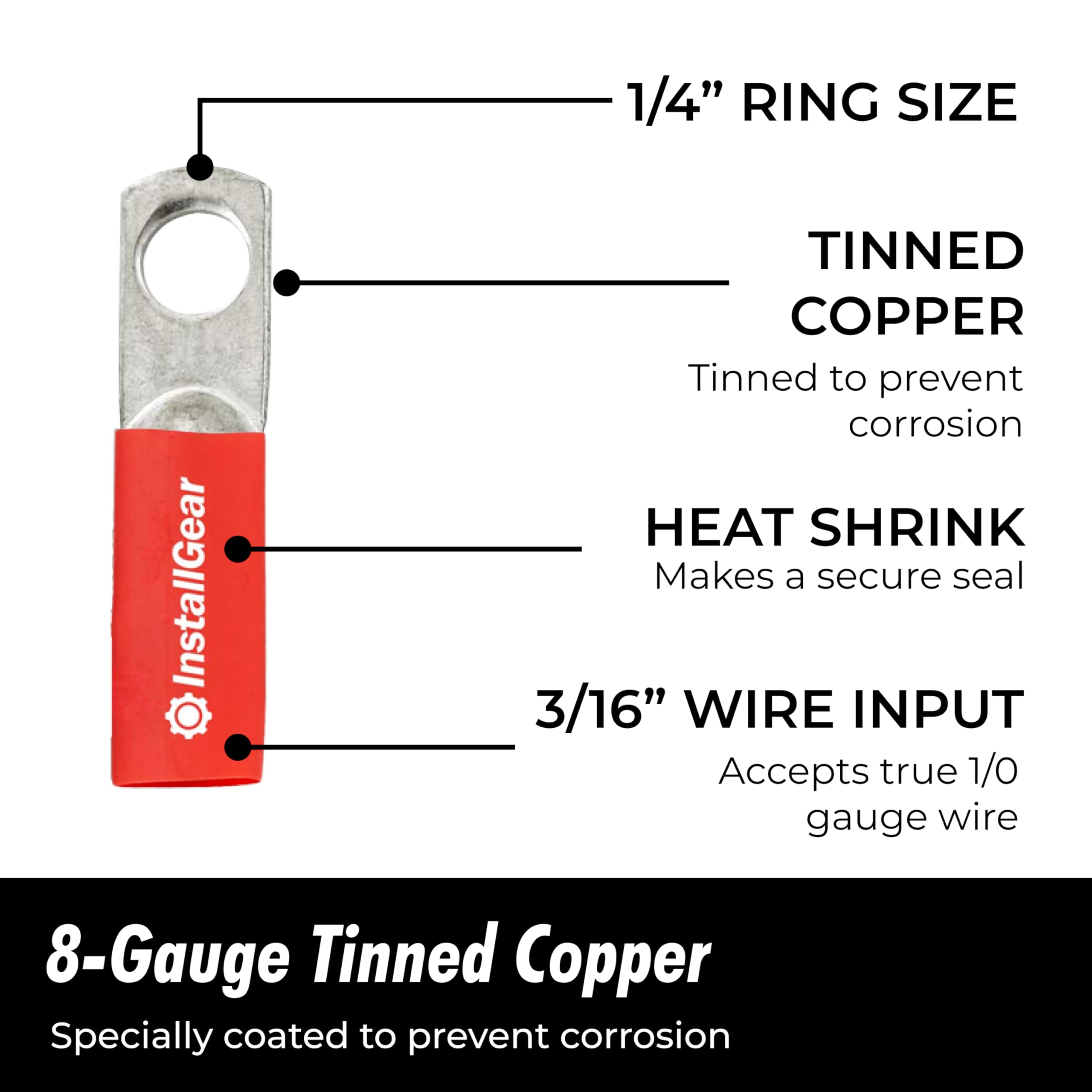 InstallGear AWG Tinned Pure Copper Ring Terminals with Heat Shrink - 10-Pack 8 Gauge Wire Connectors for Marine, Automotive & Solar Electrical Systems