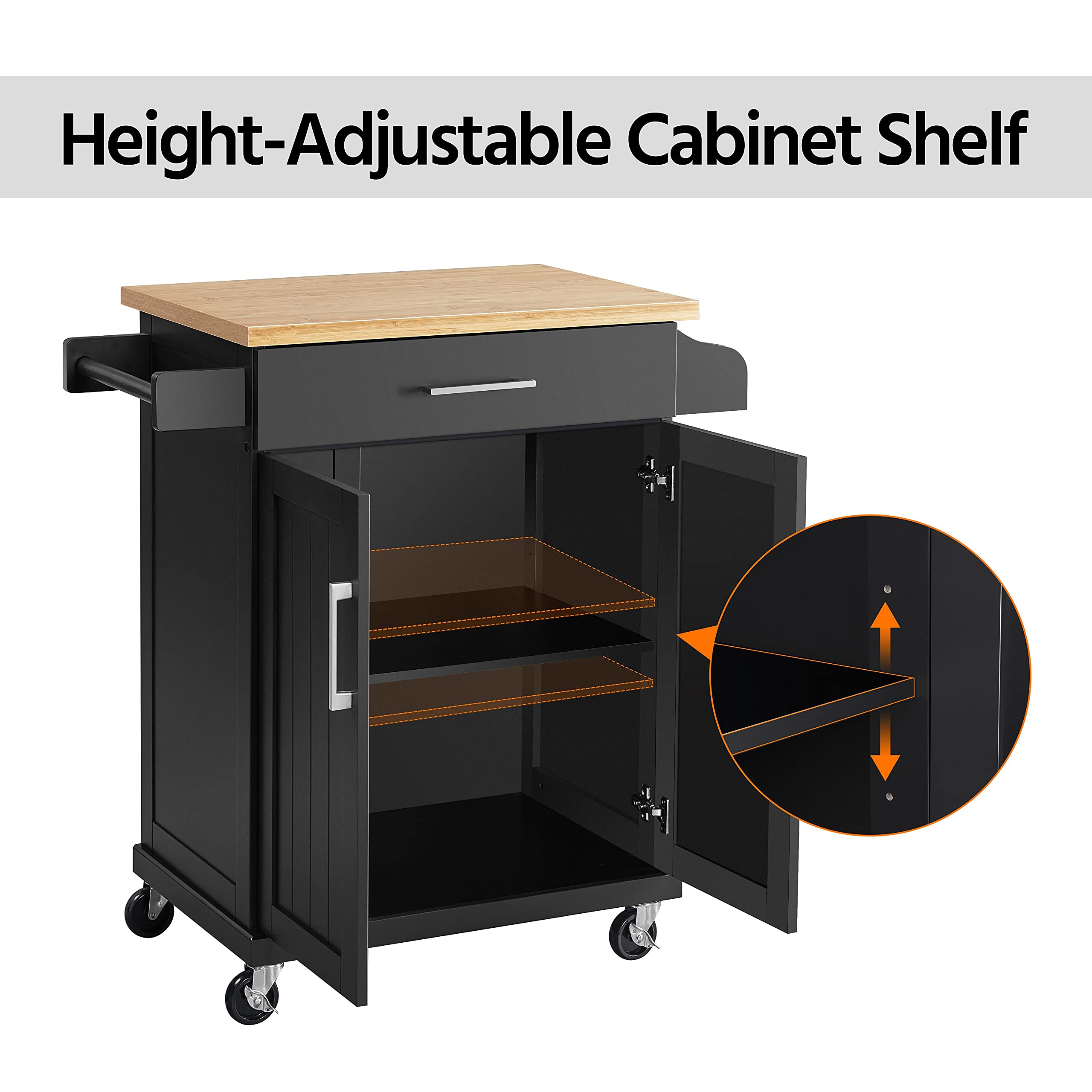 Topeakmart 26x18x36 Inches Kitchen Island Cart on Wheels with Storage Cabinet, Drawer, Spice Rack & Towel Bar - Mobile Kitchen Trolley for Dining Room, Small Space & Apartment Cooking - Black