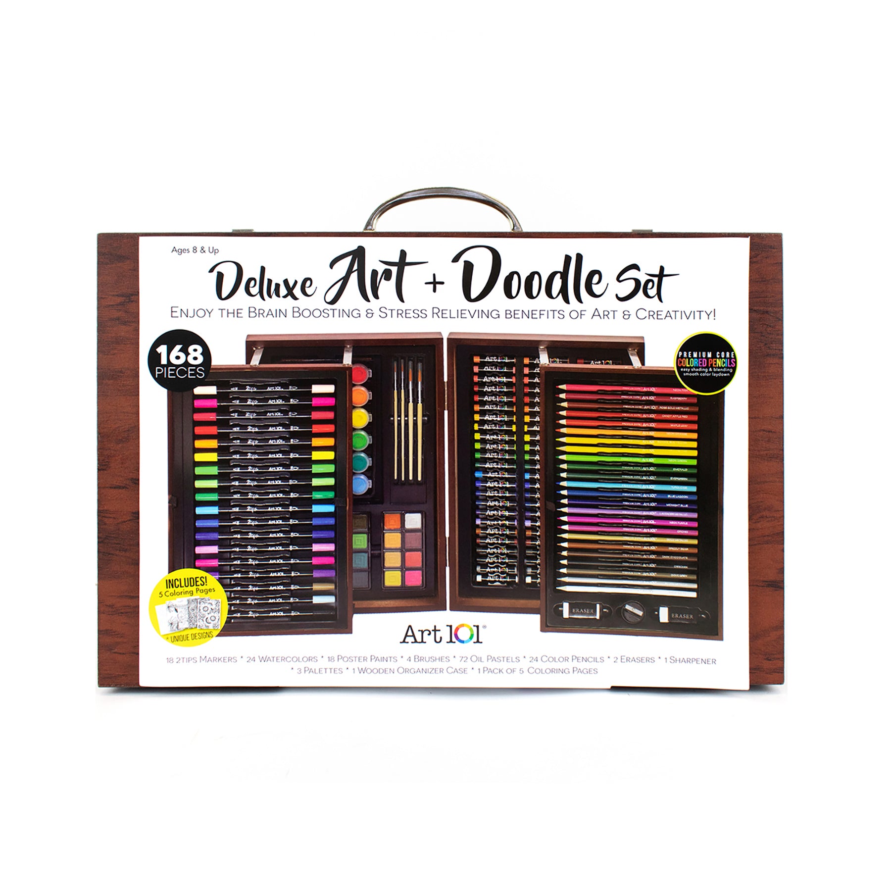 Art 101 Deluxe 168-Piece Wooden Art & Doodle Set - Premium Drawing Kit for Kids & Adults | Perfect for Sketching, Coloring & Creative Projects at Home, School or Studio