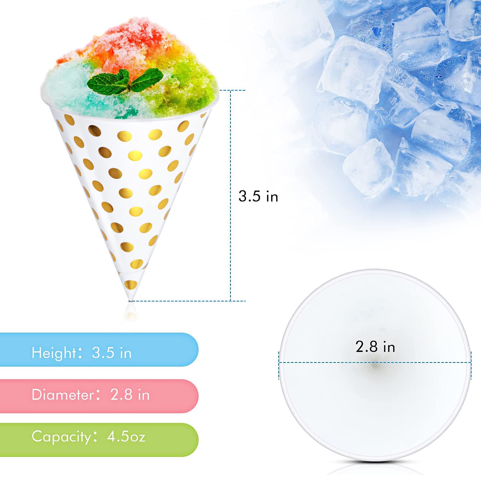 100-Pack 4.5oz Leakproof Snow Cone Cups with 100 Spoons & Straws - Premium Paper Cones for Shaved Ice, Slushies, Ice Cream, Sorbet & Cold Drinks - Perfect for Parties, Carnivals, Summer Treats & Frozen Dessert Stands