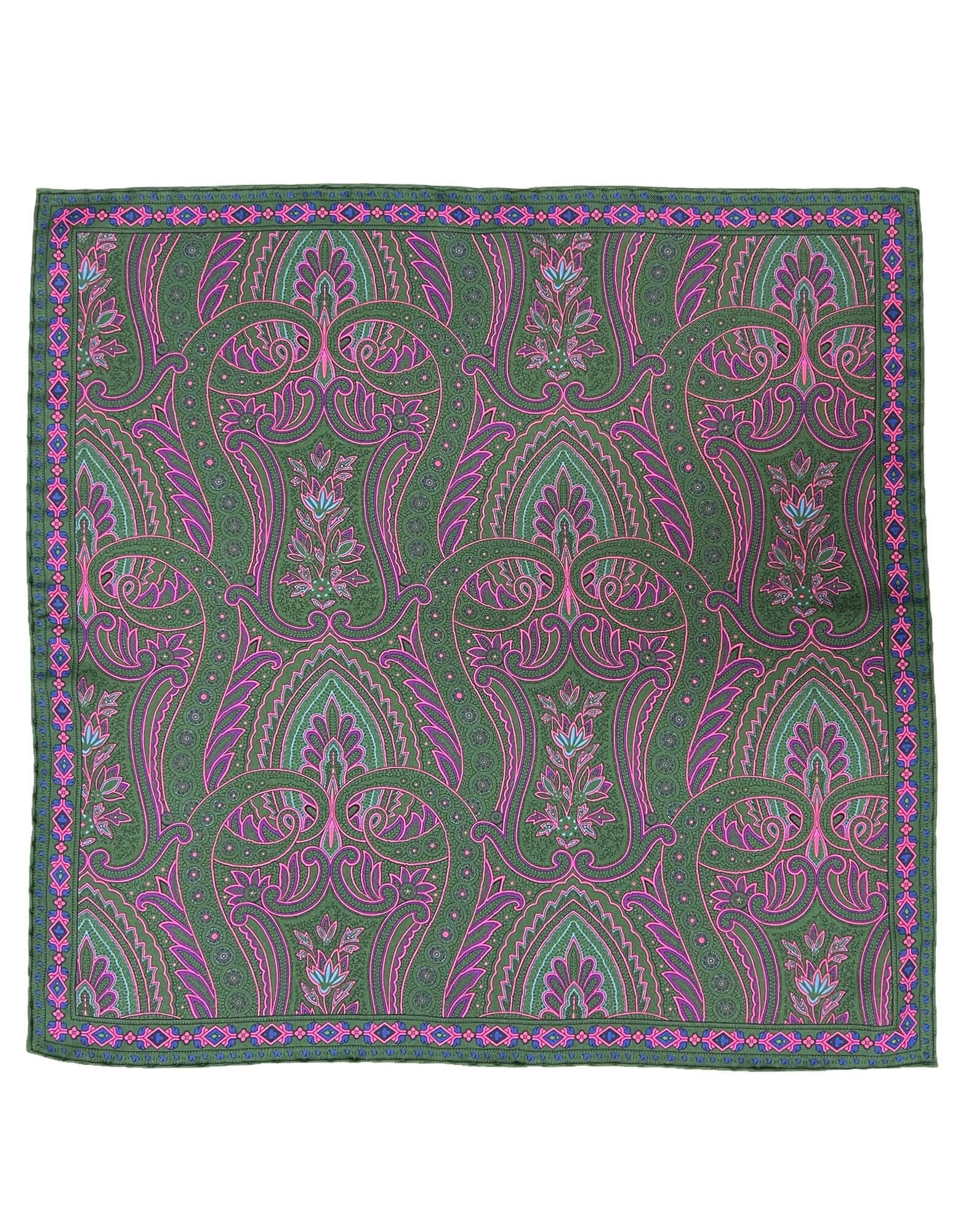DÉCLIC Wetherby Paisley Pocket Square - Green Silk Handkerchief for Men's Formal Wear & Wedding Accessories