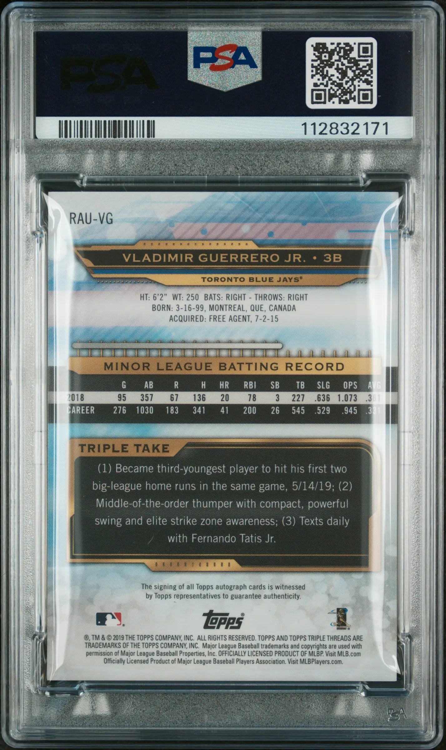 2019 Topps Triple Threads Vladimir Guerrero Jr. Rookie Autograph Card PSA 10 /99 - Perfect for Baseball Card Collectors & Sports Memorabilia Enthusiasts