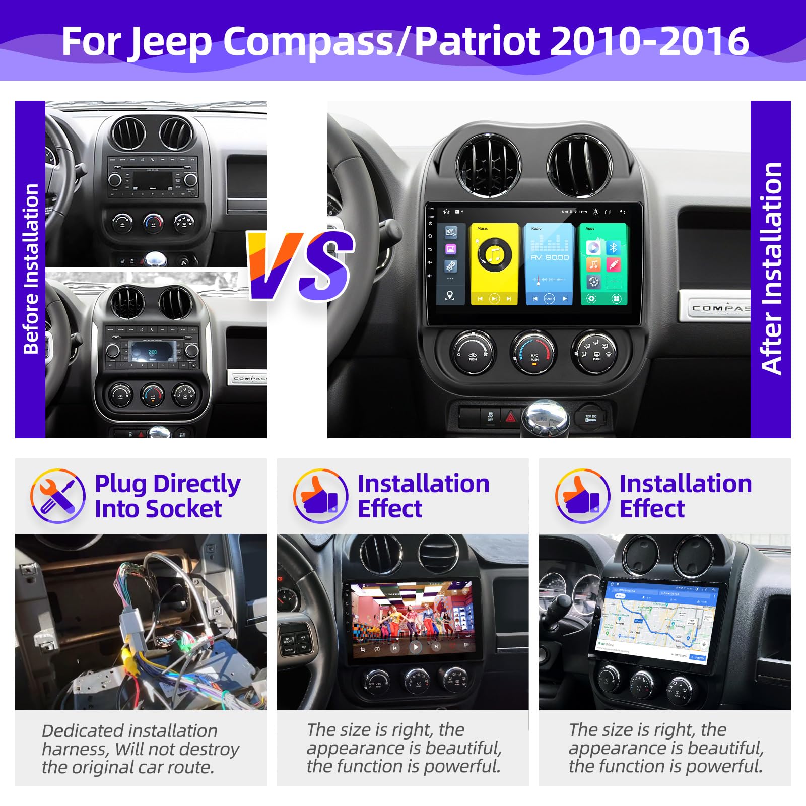 Upgrade Android Car Radio for Jeep Patriot & Compass 2010-2016 | Wireless CarPlay & Android Auto | 8-Core Touch Screen | Bluetooth GPS Navigation | FM/AM Stereo | Multimedia Player Head Unit | Perfect for Road Trips & Daily Commutes