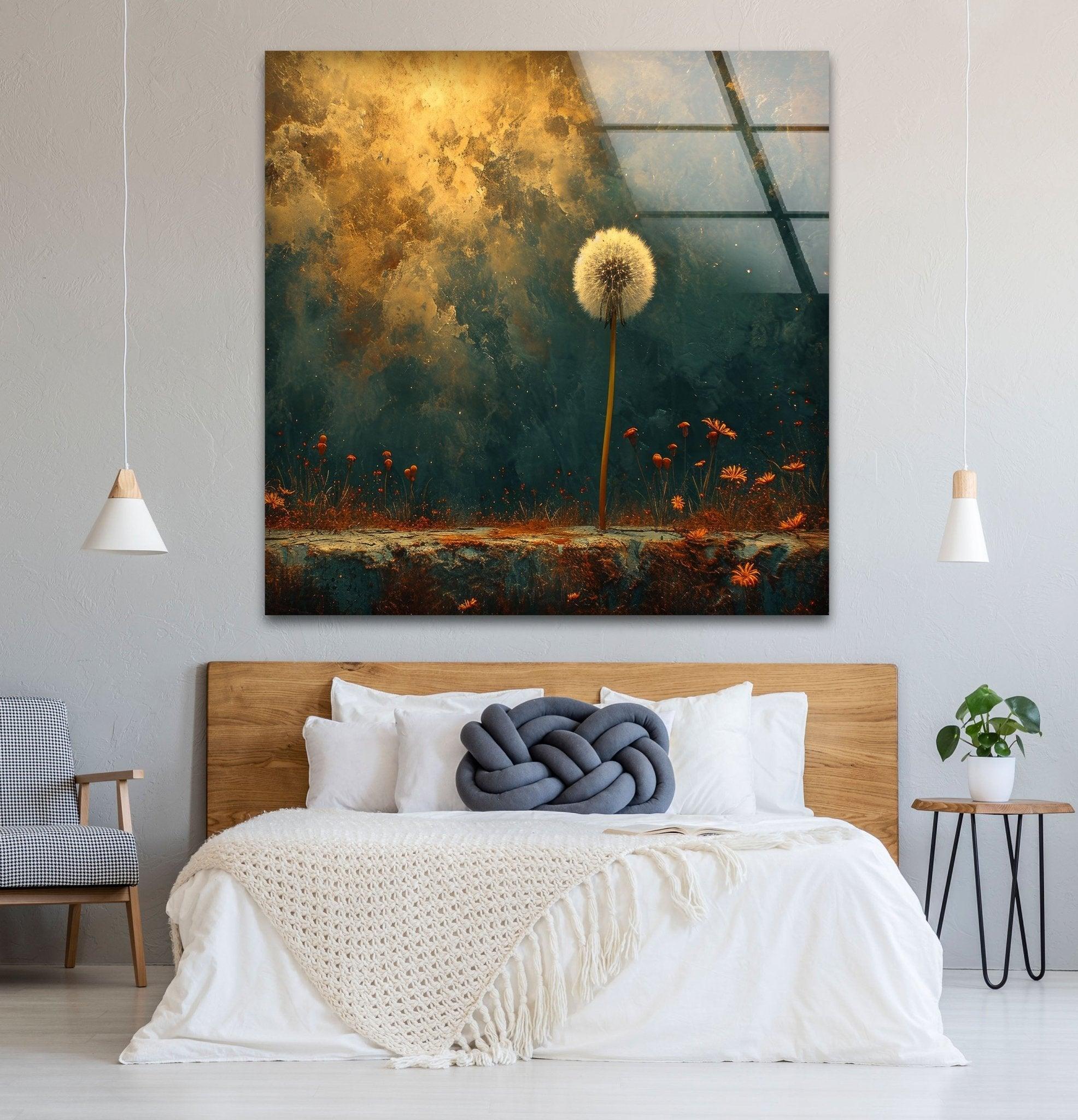 Abstract Dandelion Glass Wall Art - Handmade Modern Home Decor for Living Room, Bedroom & Office - Unique Glass Wall Hanging for Boho, Contemporary Interior Design
