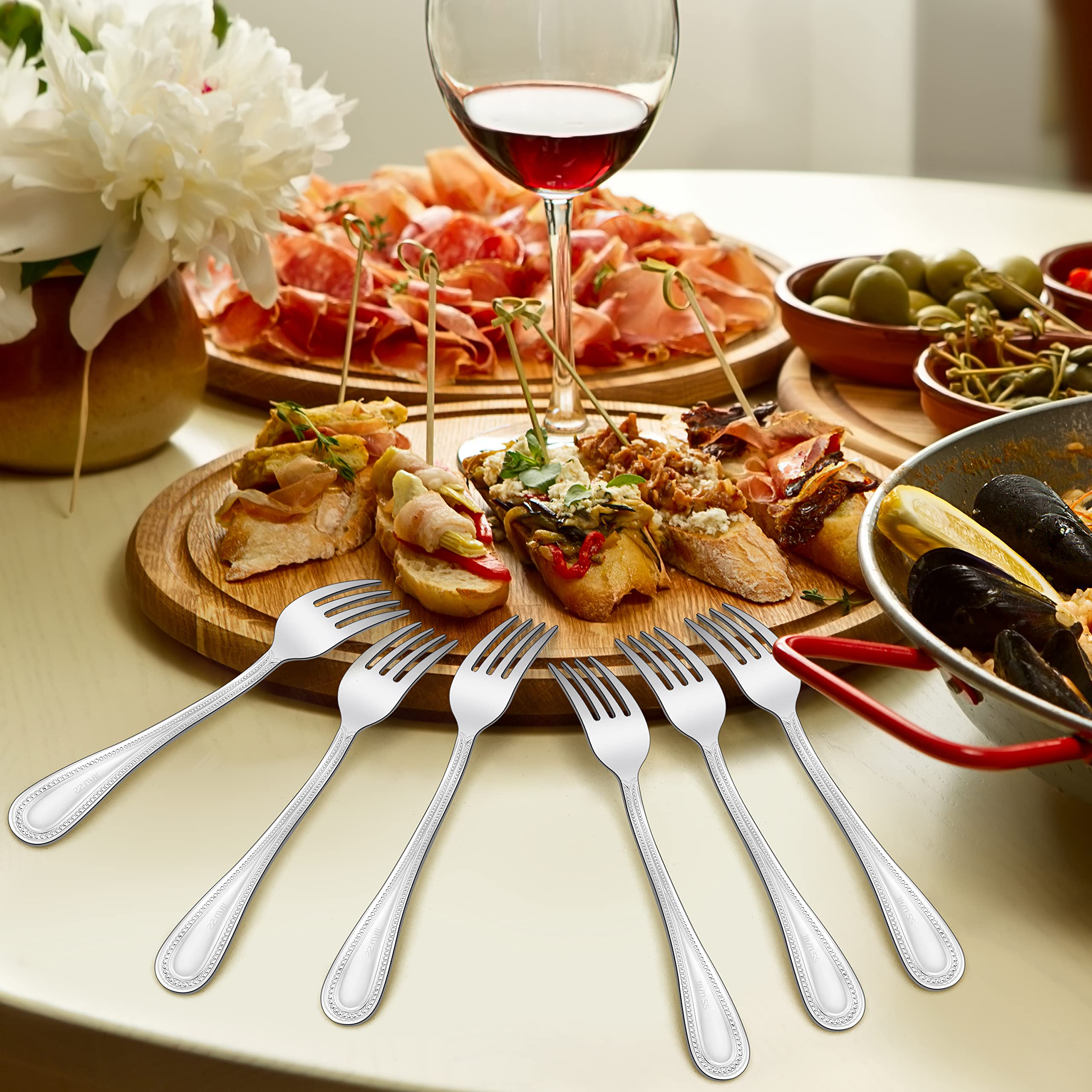 HaWare 12-Piece Stainless Steel Dinner Forks Set - 7.9 Inch Mirror Polished Silverware with Pearled Edge Handle | Elegant Classic Design for Home, Kitchen & Restaurant Use | Dishwasher Safe | Perfect for Fine Dining, Dinner Parties & Catering Events