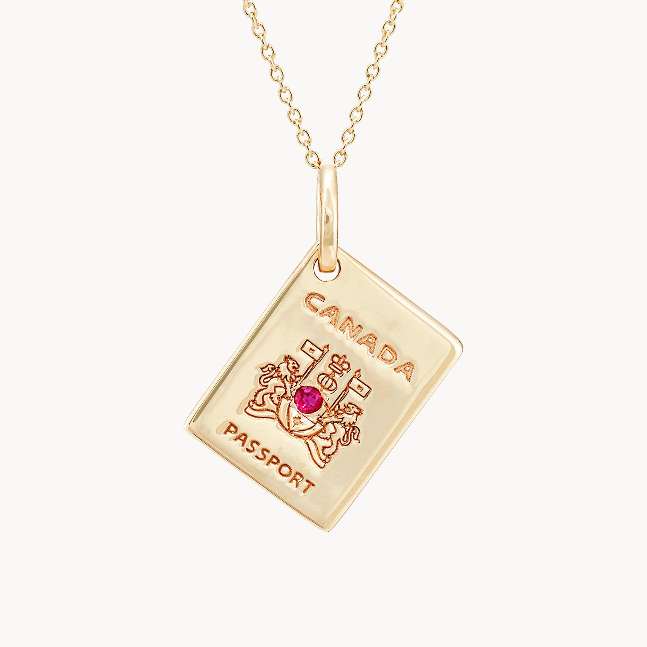 10K Yellow Gold Reversible Passport Charm with Ruby Gemstone - Glowing Hearts Design for Travel & Gift Giving
