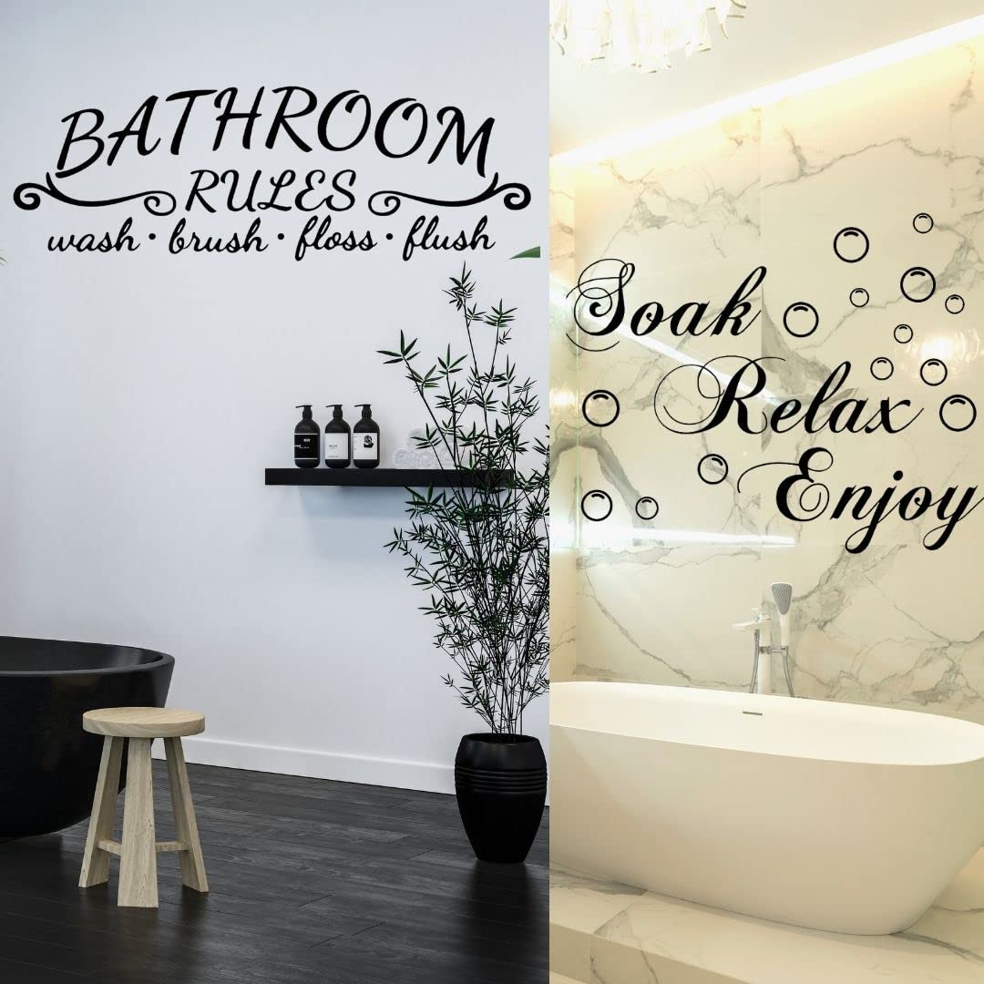 2 Pack Bathroom Wall Decals - Vinyl Stickers with Bathroom Rules: WASH BRUSH FLOSS FLUSH & SOAK RELAX ENJOY BUBBLE - Easy Peel and Stick Removable Decor for Washroom, Toilet, and Spa-Like Atmosphere