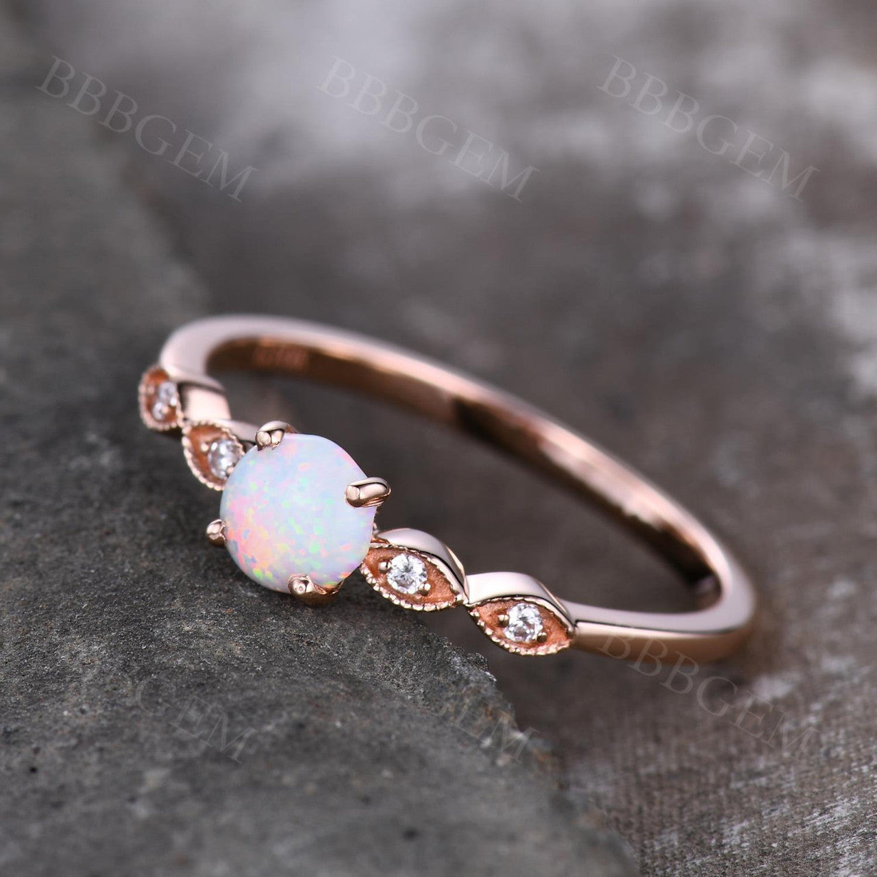 0.5 Carat Round White Opal Engagement Ring with Diamond Accent - Classic Vintage Style for Wedding, Proposal & Anniversary Gifts
