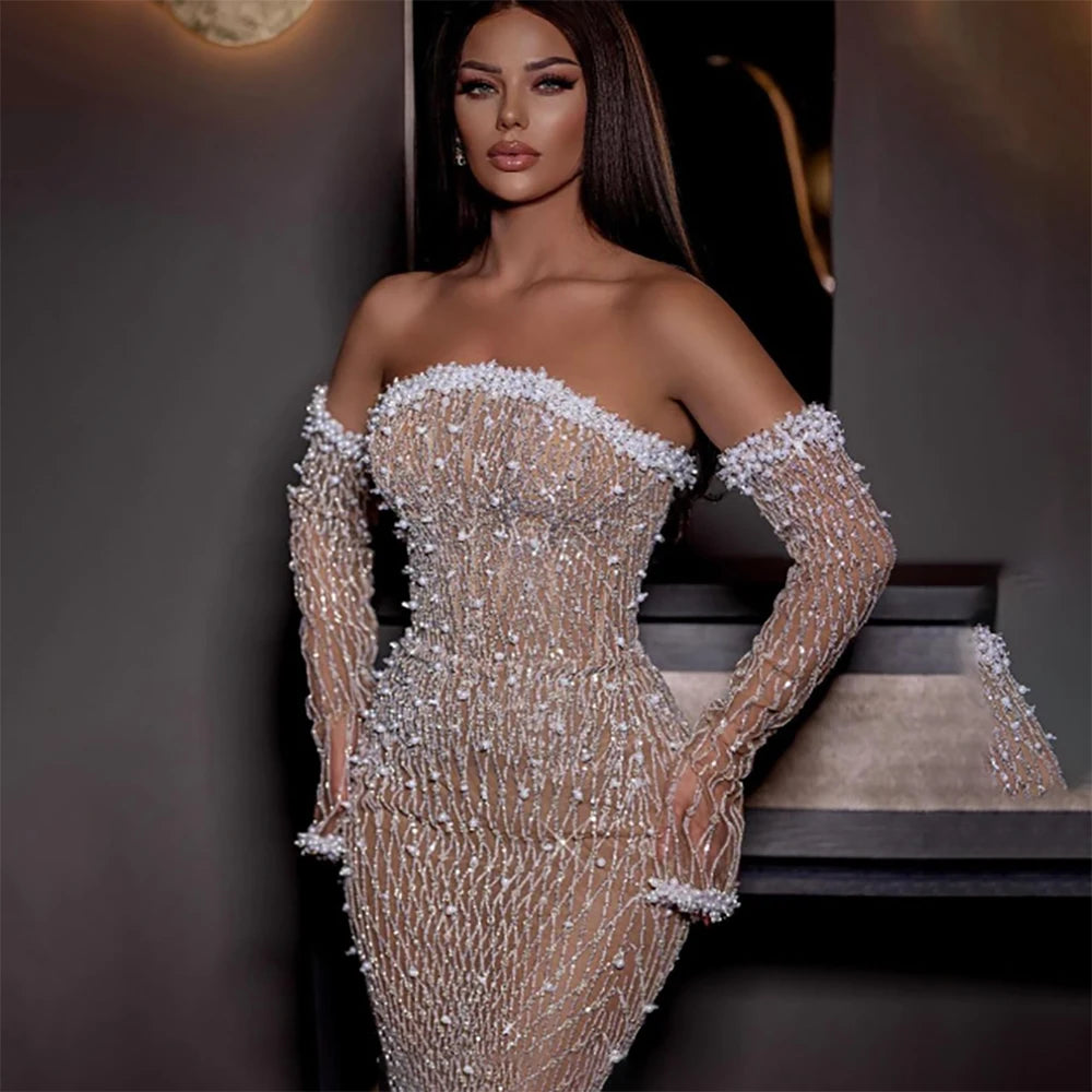 Elegant White Beaded Arabic Evening Gown with Gloves - Luxury Dubai Formal Dress LA72649 for Wedding, Gala & Special Occasions