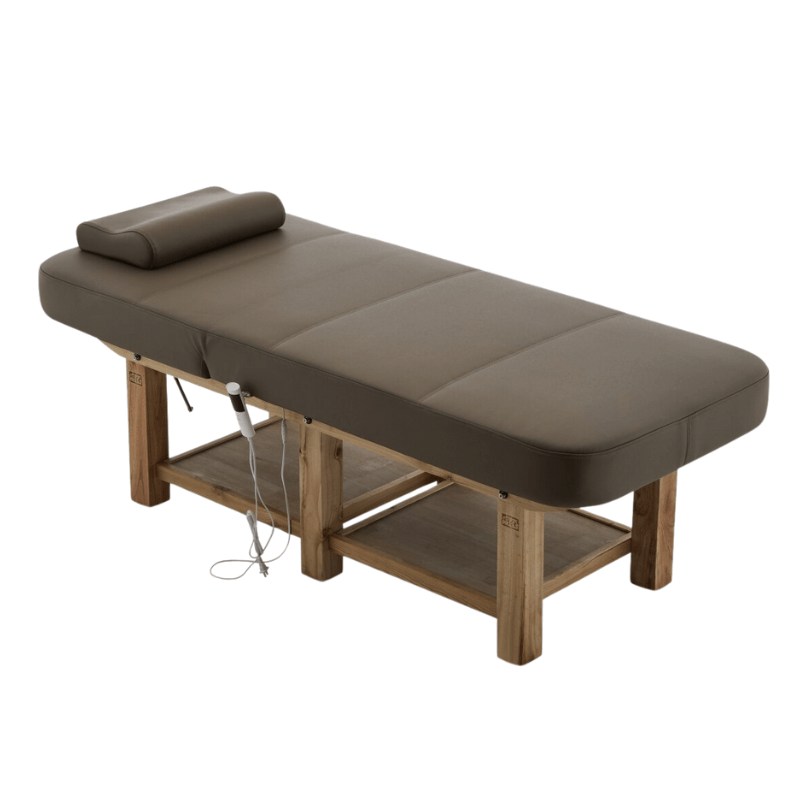 Premium Wooden Massage Bed with Remote Heating System - Dark Brown Genuine Leather - Perfect for Spa, Massage Therapy & Home Relaxation