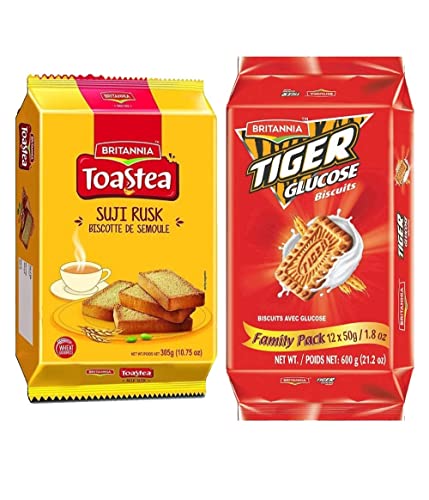 BRITANNIA Wheat Rusk & Tiger Glucose Biscuits Variety Pack - Crunchy Breakfast & Tea Time Snacks - Halal Certified Vegetarian Treats (Pack of 1 Each) - Perfect for Office Snacking, School Lunchboxes & Family Gatherings
