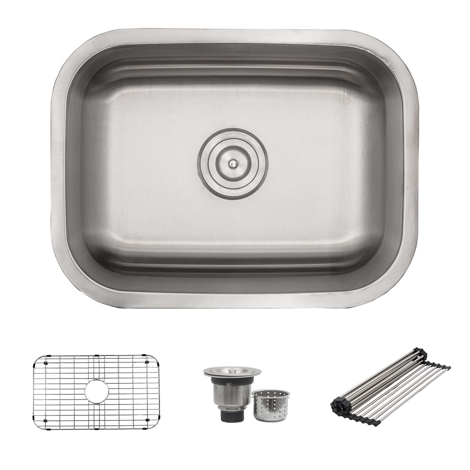 Strictly Sinks 23-Inch Undermount Single Bowl Kitchen Sink - 18 Gauge Stainless Steel with Round Drain, Strainer, Dish Drying Rack & Bottom Grid - Perfect for Modern Kitchens, Restaurant Prep & Dishwashing