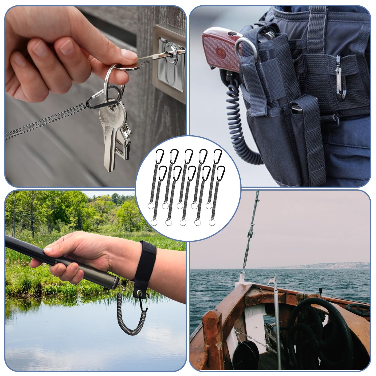6 PCS Black Fishing Lanyards - Heavy Duty Retractable Coil for Boating & Kayaking