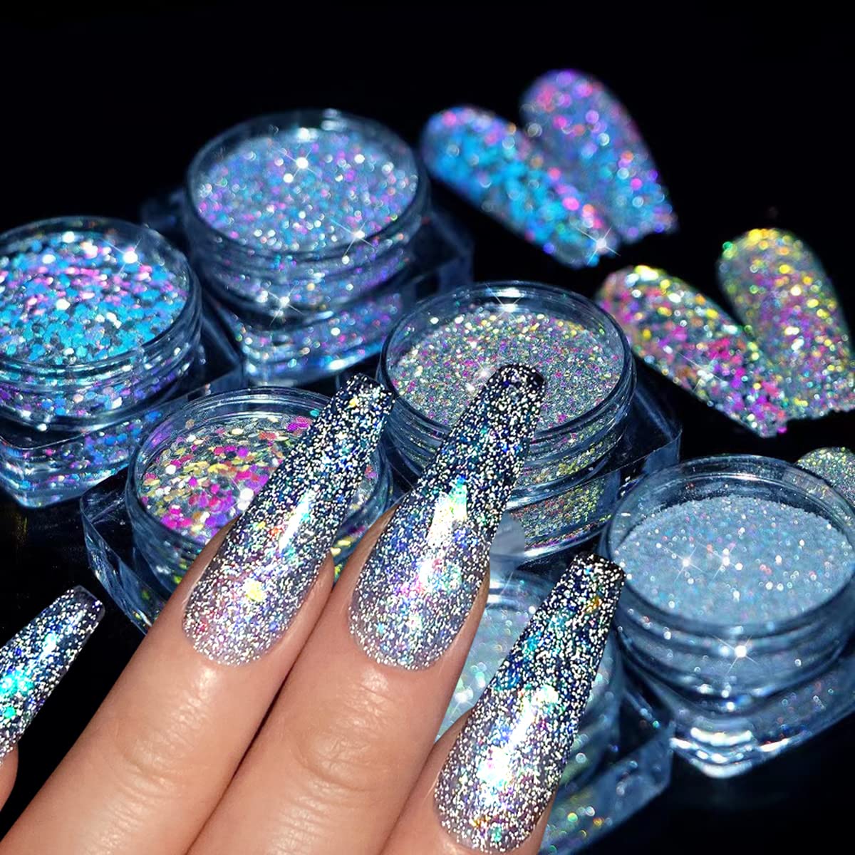 6 Color Holographic Nail Glitter Flakes - Reflective Nail Art Diamonds & Glitter Powder for Women & Girls - Perfect for DIY Manicures, Nail Salons & Party Looks