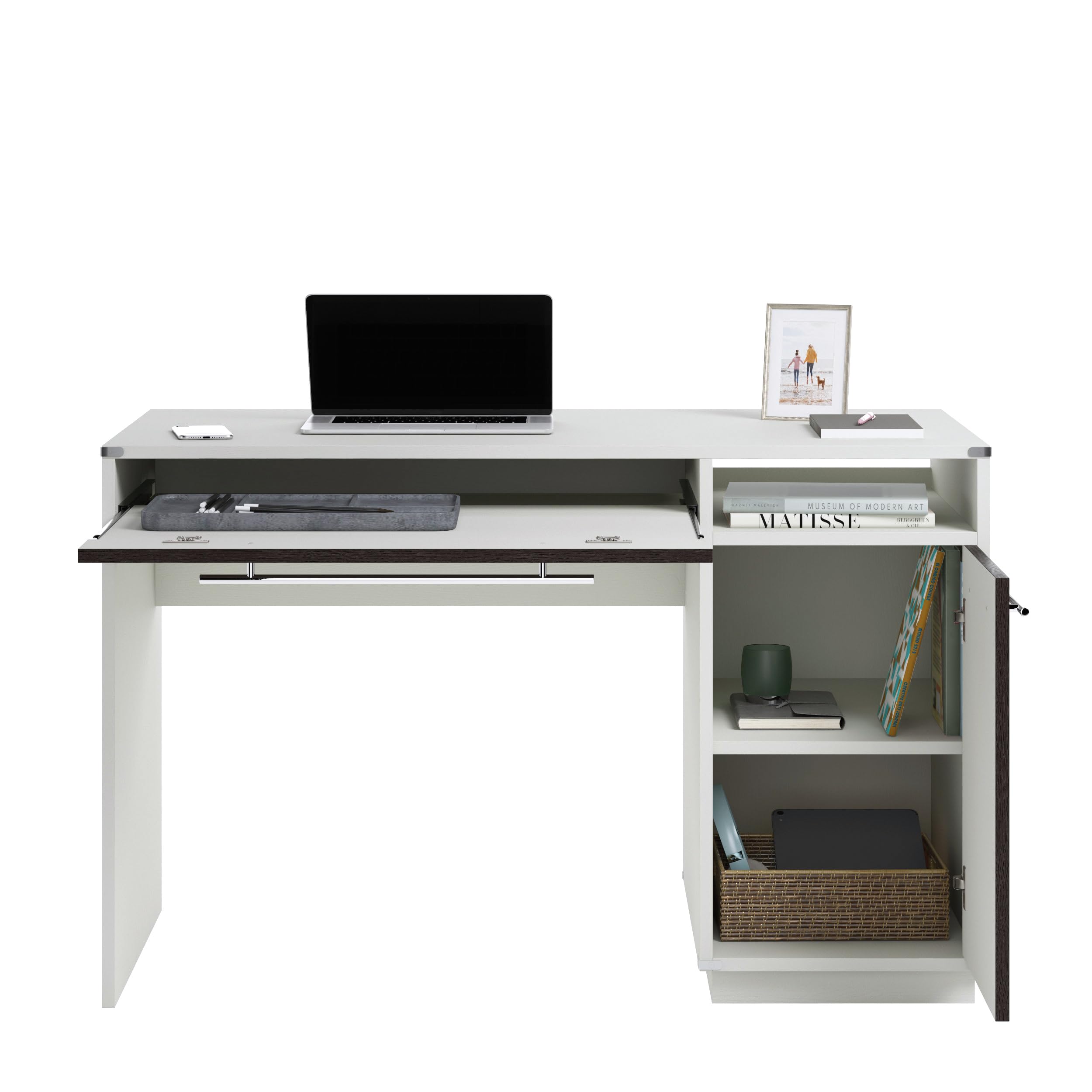 Sauder Vista Key Single Pedestal Computer Desk with Storage | Misted Elm Finish | Home Office Desk for Small Spaces, Work from Home & Study