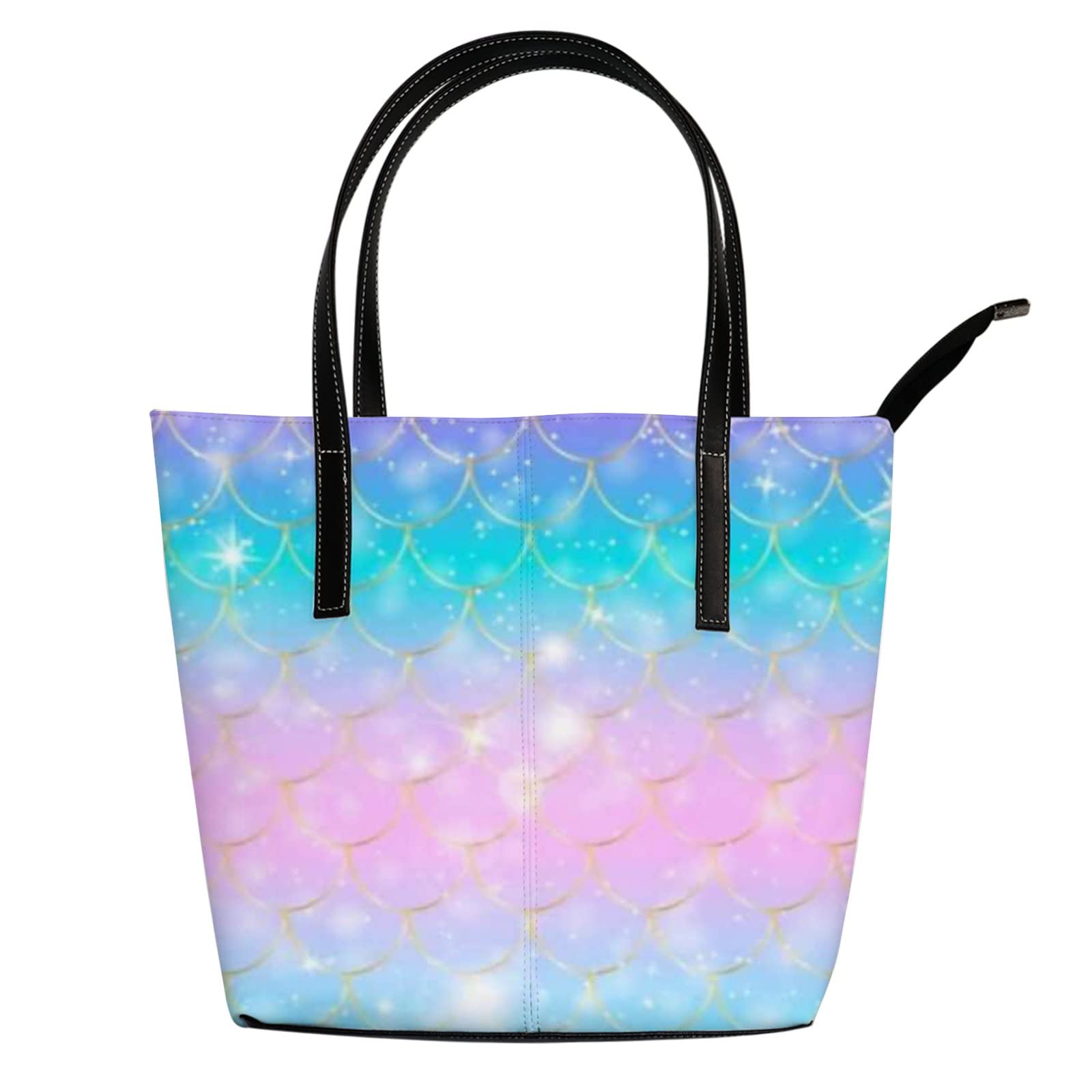 Stylish Rainbow Mermaid Scale Leather Tote Bag for Women - Waterproof Crossbody Work Bag with Zipper - Perfect for Office, Beach & Shopping (Kawaii Pattern)