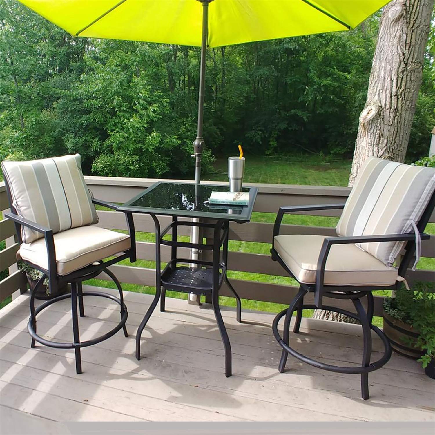 **3-Piece Outdoor Bistro Set - Swivel Bar Stools with Yard Armrests & Glass Top Table - All-Weather Steel Frame Patio Furniture for Backyard, Garden, or Poolside Dining**