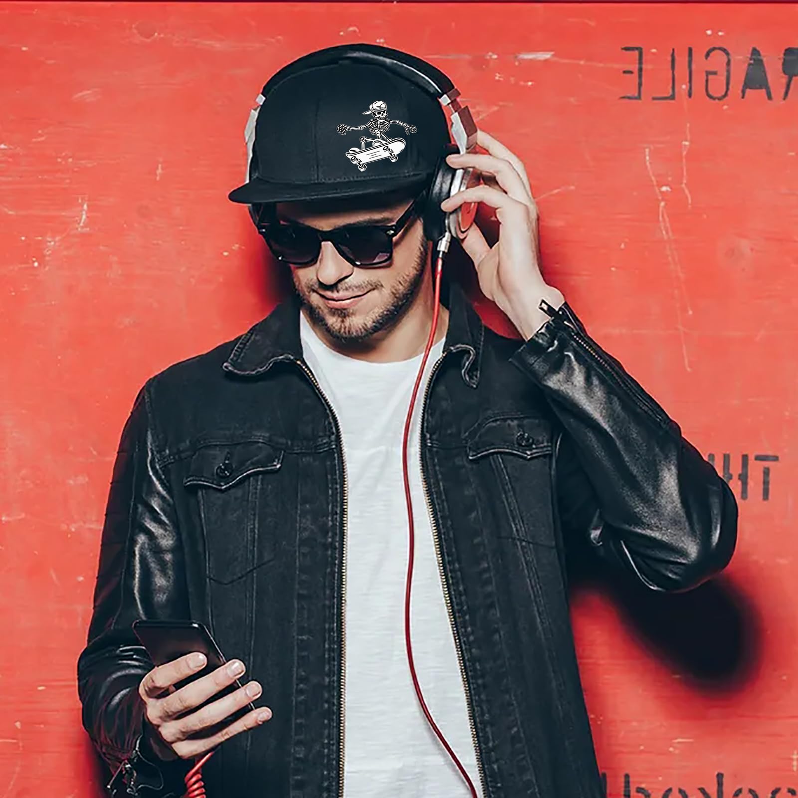 Men's Snapback Hats - Black Flat Bill Skull Baseball Cap with Adjustable Strap | Stylish Streetwear for Casual Outfits & Sports Events