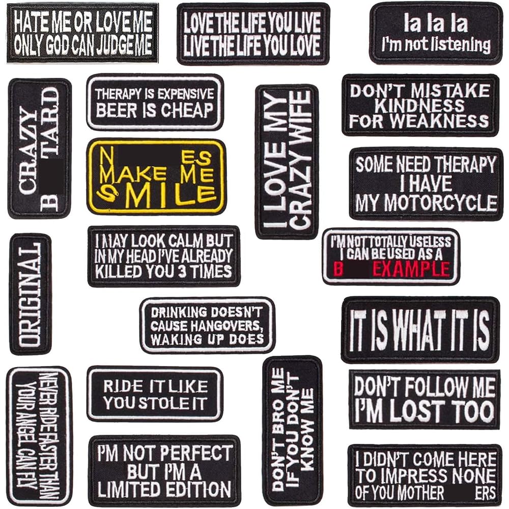 U-Sky 20pcs Funny Iron On or Sew On Patches for Motorcycle Vests, Backpacks, Jeans & Jackets - Cool Letter Applique Mix Pack (Design-1) | DIY Clothing Repair & Customization for Bikers, Students & Fashion Enthusiasts