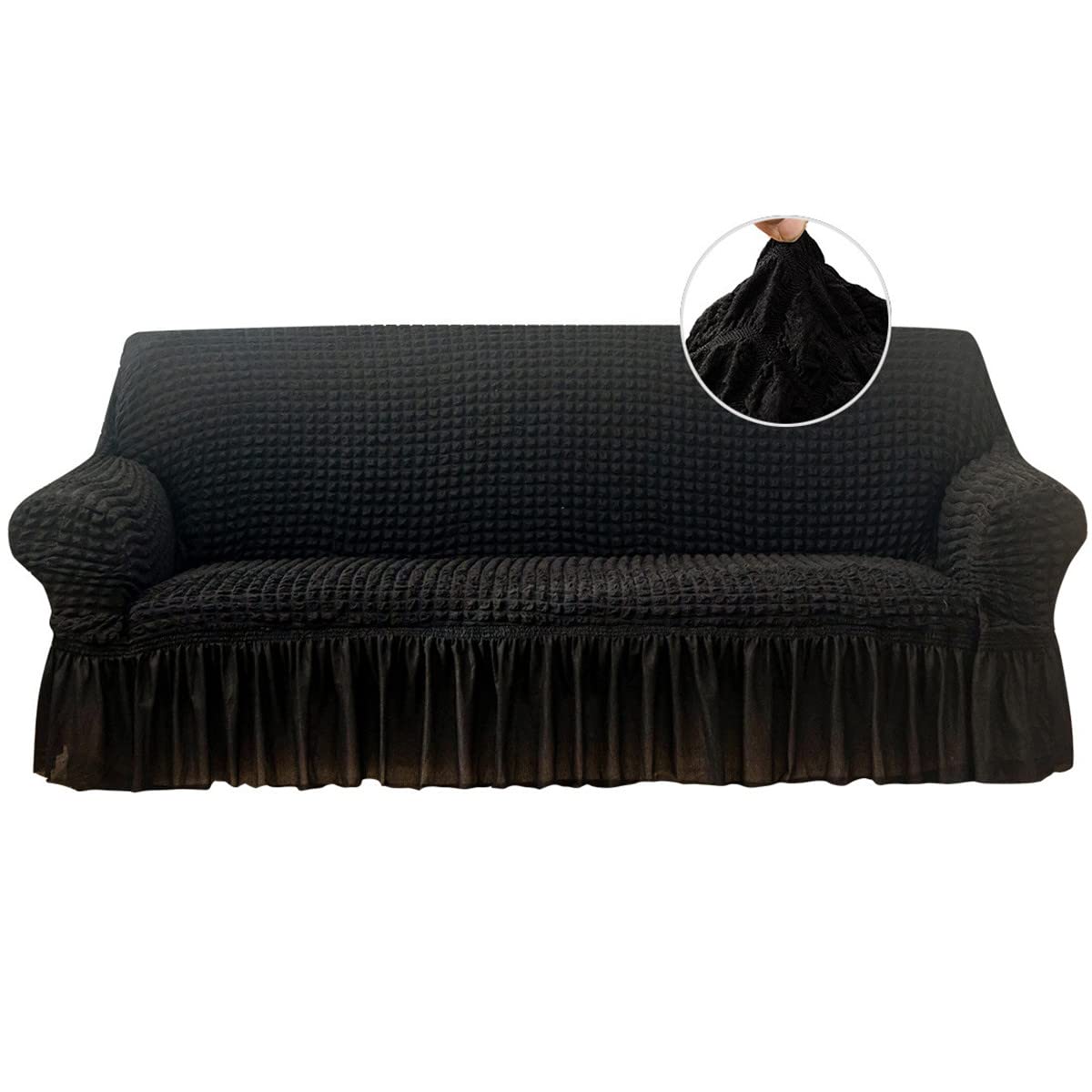 Qubjus Stretch Sofa Slipcover - Washable Couch & Sofa Bed Cover with Elastic Bottom & Skirt - Easy Fit Furniture Protector for Living Room, Bedroom, Office (Black, Extra Large)