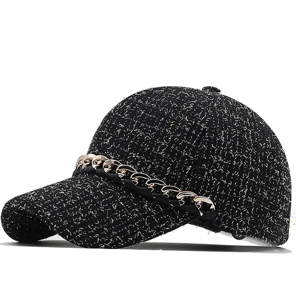 Women's Stylish Adjustable Tweed Baseball Cap - Fashionable Chain Dad Hat for Casual Wear, Hip Hop Style (Black/White) | Perfect for Streetwear, Outdoor Activities & Daily Fashion Accessories