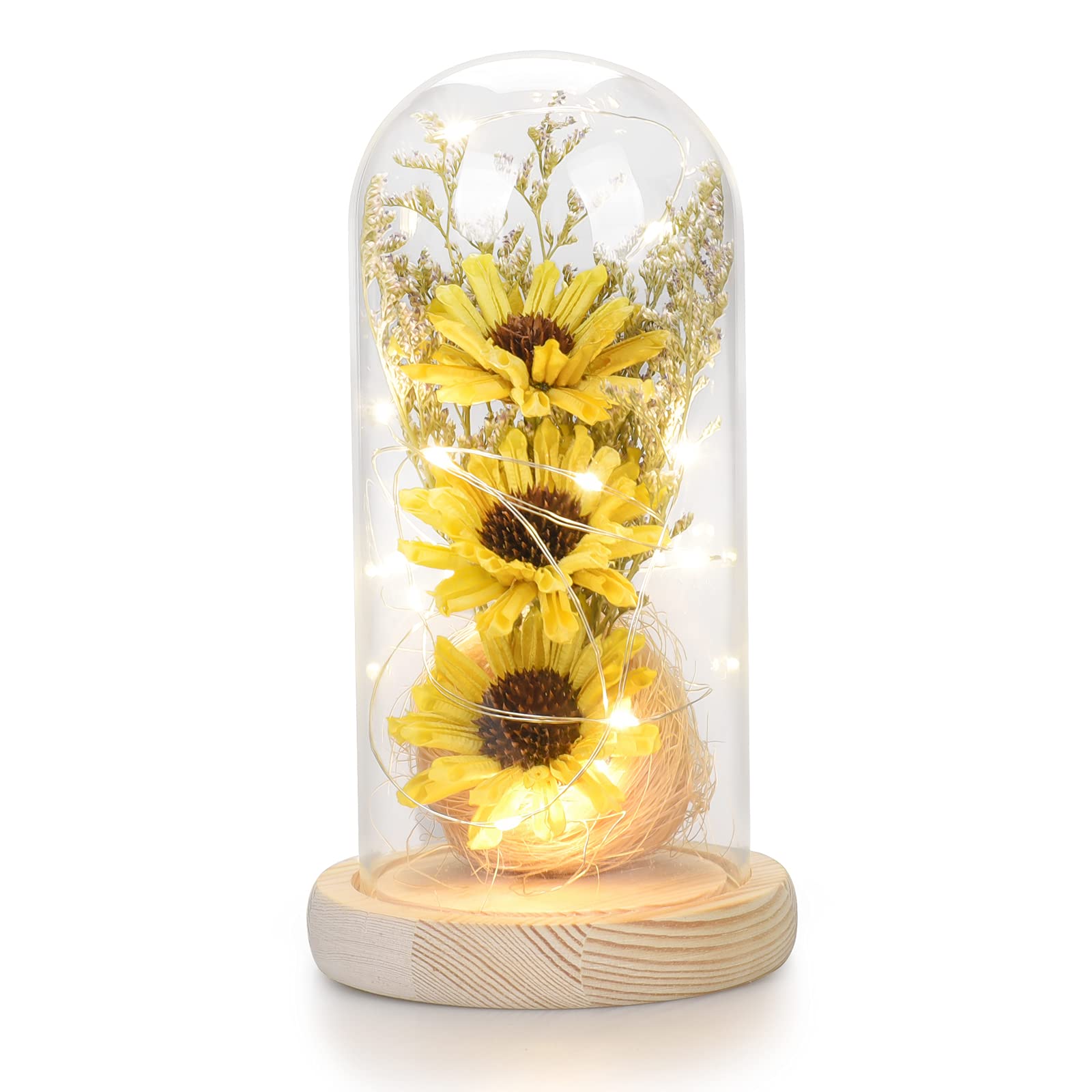 Sunflower Gifts for Women - LED Artificial Sunflowers in Glass Dome, Birthday & Holiday Gift for Mom, Grandma - Mother's Day, Christmas, Valentine's Day Home Decor (Yellow) - Perfect for Living Room, Bedroom, Office Desk & Wedding Centerpieces