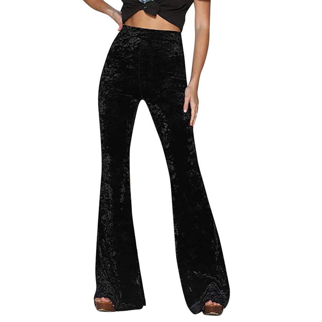QZS Women's High Waist Gold Velvet Flared Pants - Solid Color Loose Yoga Trousers with Elastic Waistband, Wide Leg Casual Pants (Black) | Perfect for Yoga, Lounge Wear, and Everyday Fashion