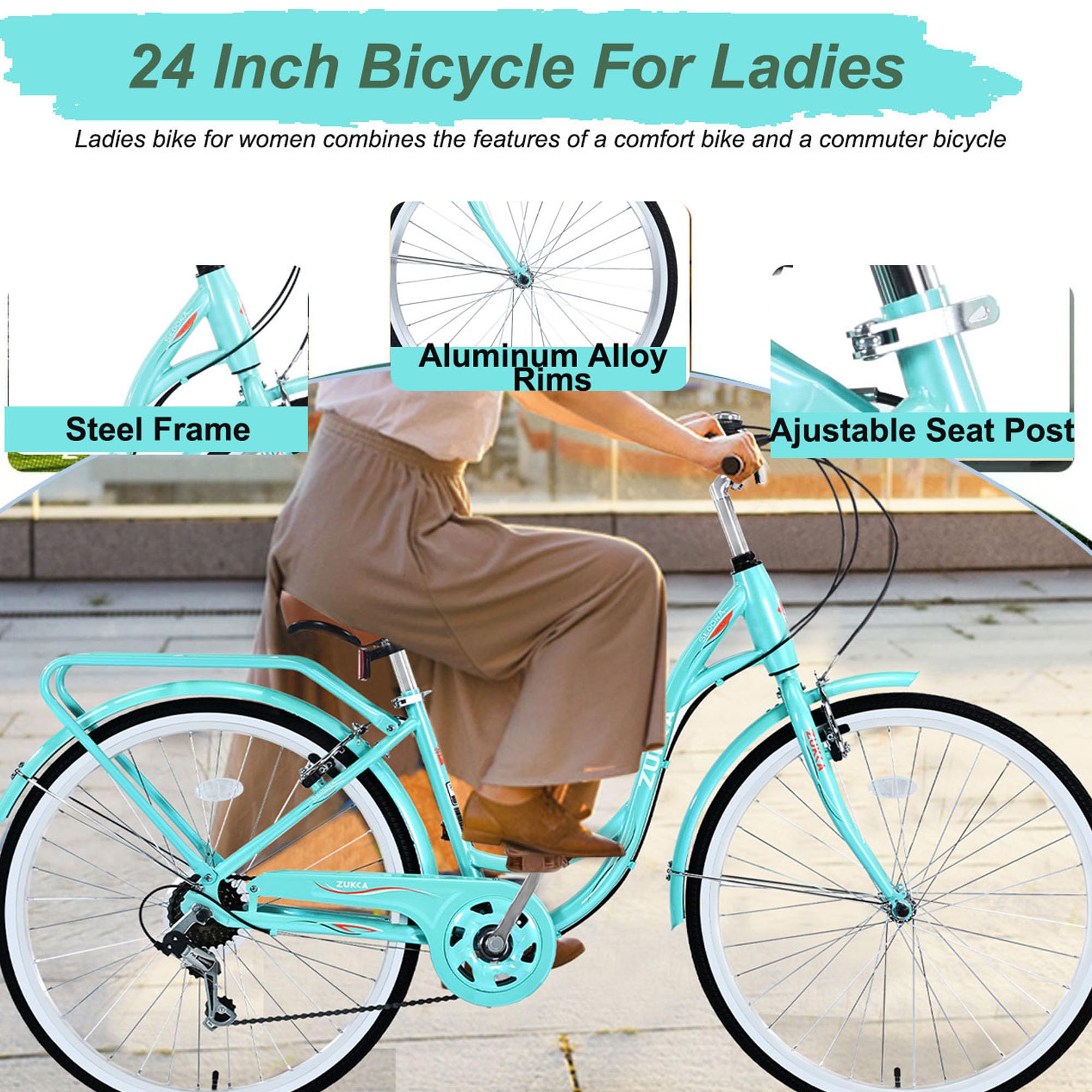 **ZUKKA 24/26 Inch Women's Beach Cruiser Bike - 7-Speed City Bicycle with Dual V-Brake & Adjustable Seat - Comfortable Ride for Women & Men - Multiple Colors - Perfect for Beach, Park & Urban Commuting**
