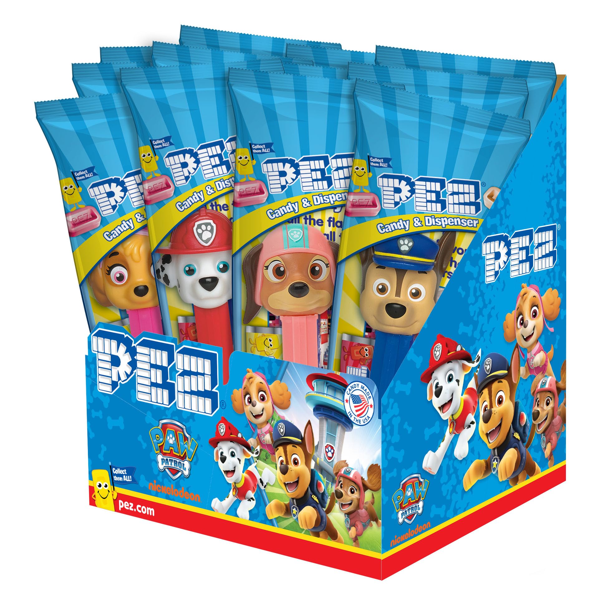 PEZ Candy Paw Patrol Dispensers with 2 Refills - 12 Count Assorted Fruit Flavors - Fun Collectible Candy Toys for Kids Birthday Parties & Halloween Treats