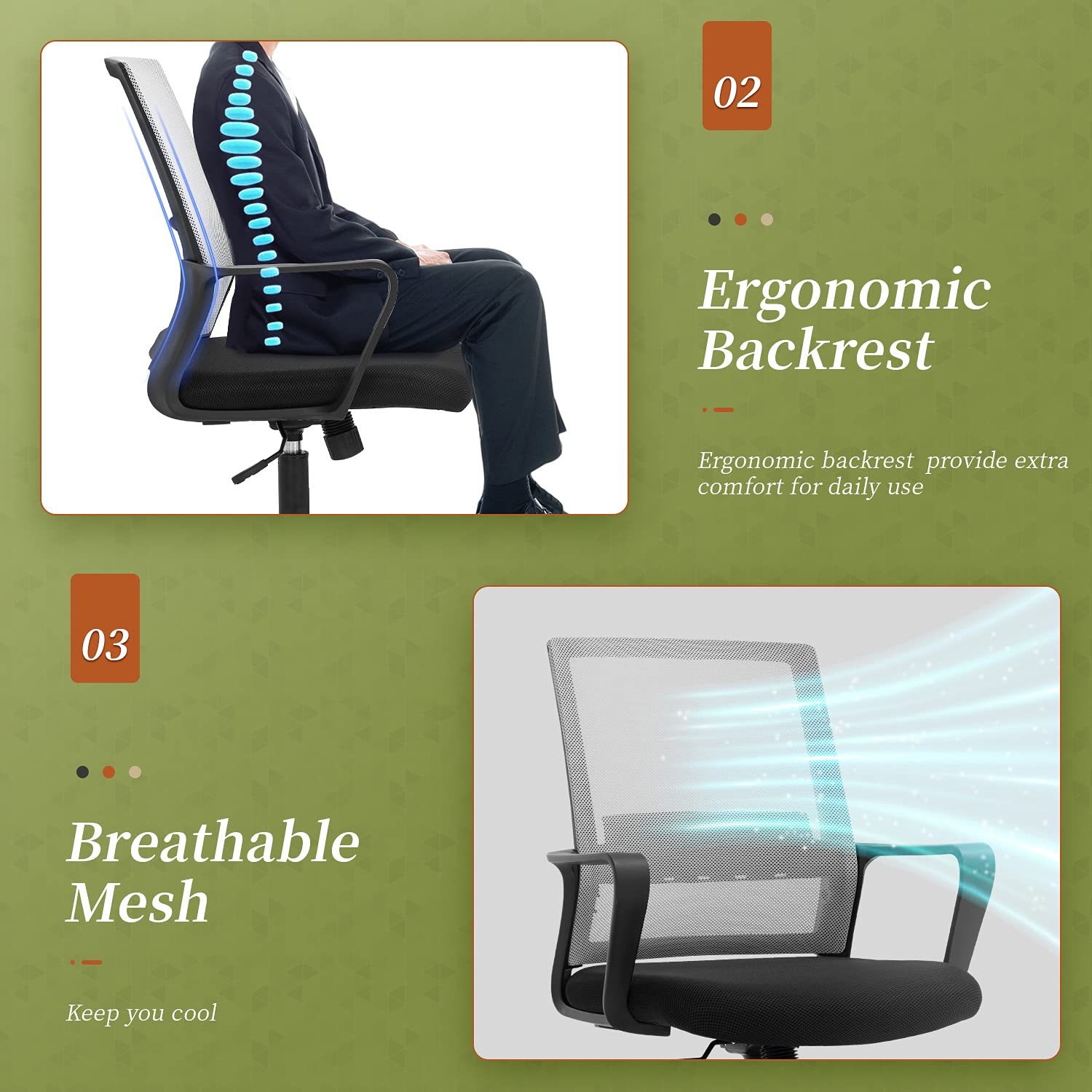 Ergonomic Office Chair with Adjustable Height, Mid Back Mesh & Lumbar Support - Swivel Computer Desk Chair with Armrests (Grey) - Perfect for Home Office, Gaming & Workspaces
