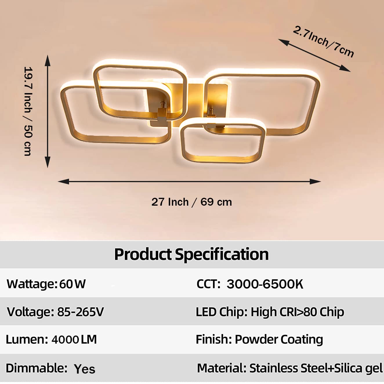 Becailyer 60W Dimmable LED Ceiling Light - Modern Gold Square Chandelier with Remote Control, Acrylic Shade for Living Room Bedroom Dining Room - Perfect for Home Decor & Ambient Lighting