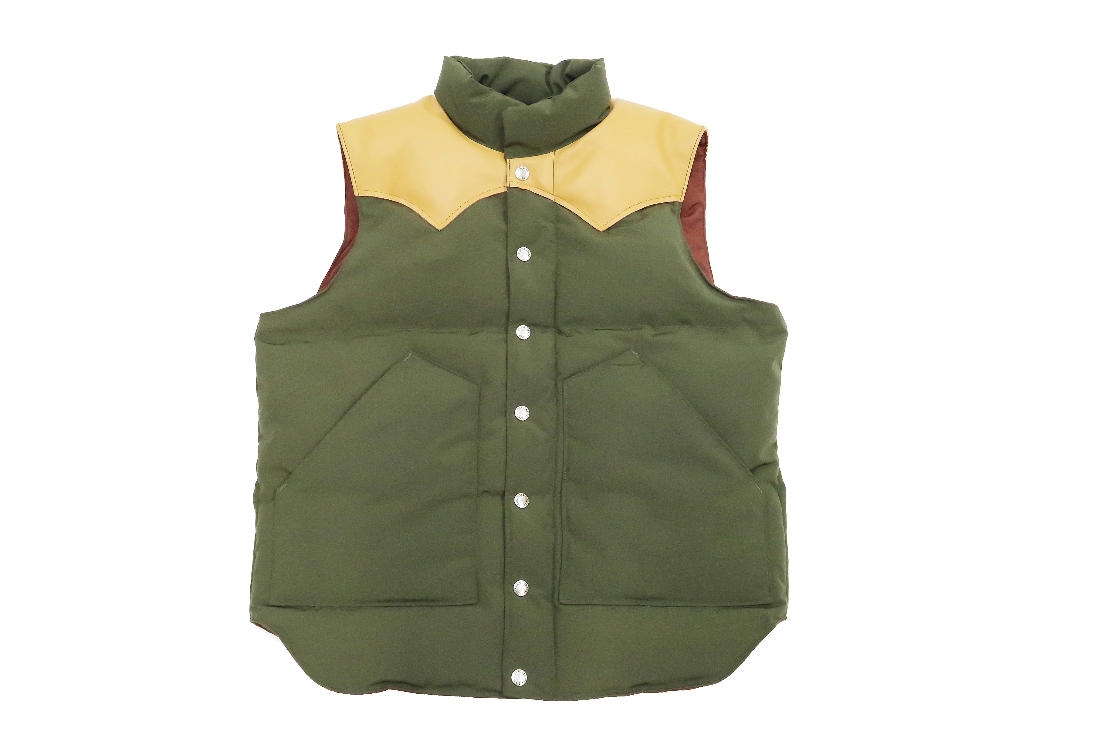 Men's Sugar Cane Down Vest with Leather Yoke Panel - Winter Warm Puffer Vest SC15222 in Olive/Camel - Outdoor Activities & Casual Wear